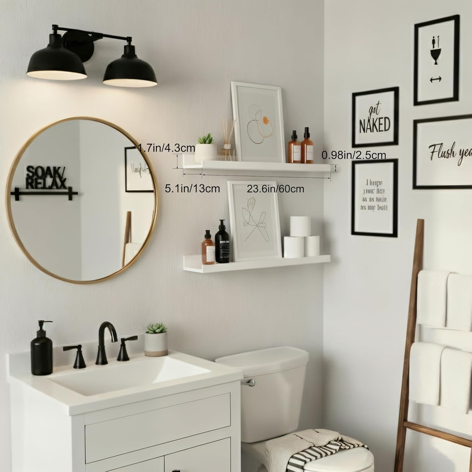 24 Inch White Floating Shelves with Lip, Wall Mounted Picture Ledge, Versatile Wood Wall Shelf for Kitchen Bathroom Living Room, Display Shelf for Photos Books Spice, Set of 2