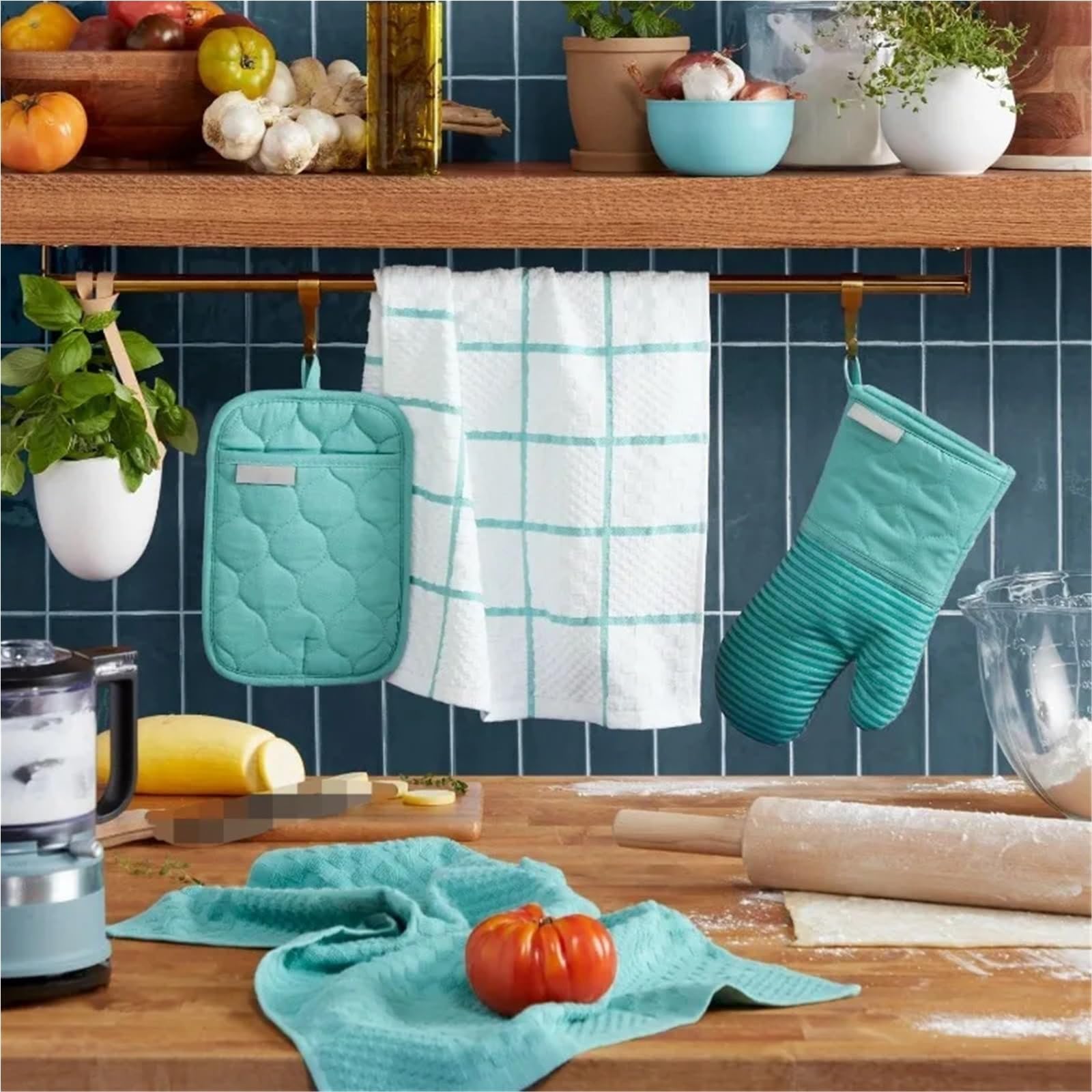 Gants De Four Gant de cuisine matelassé en coton éponge, manique résistant à la chaleur, 16"x26", 7"x13" et 7"x10", vert clair Pour La Cuisson