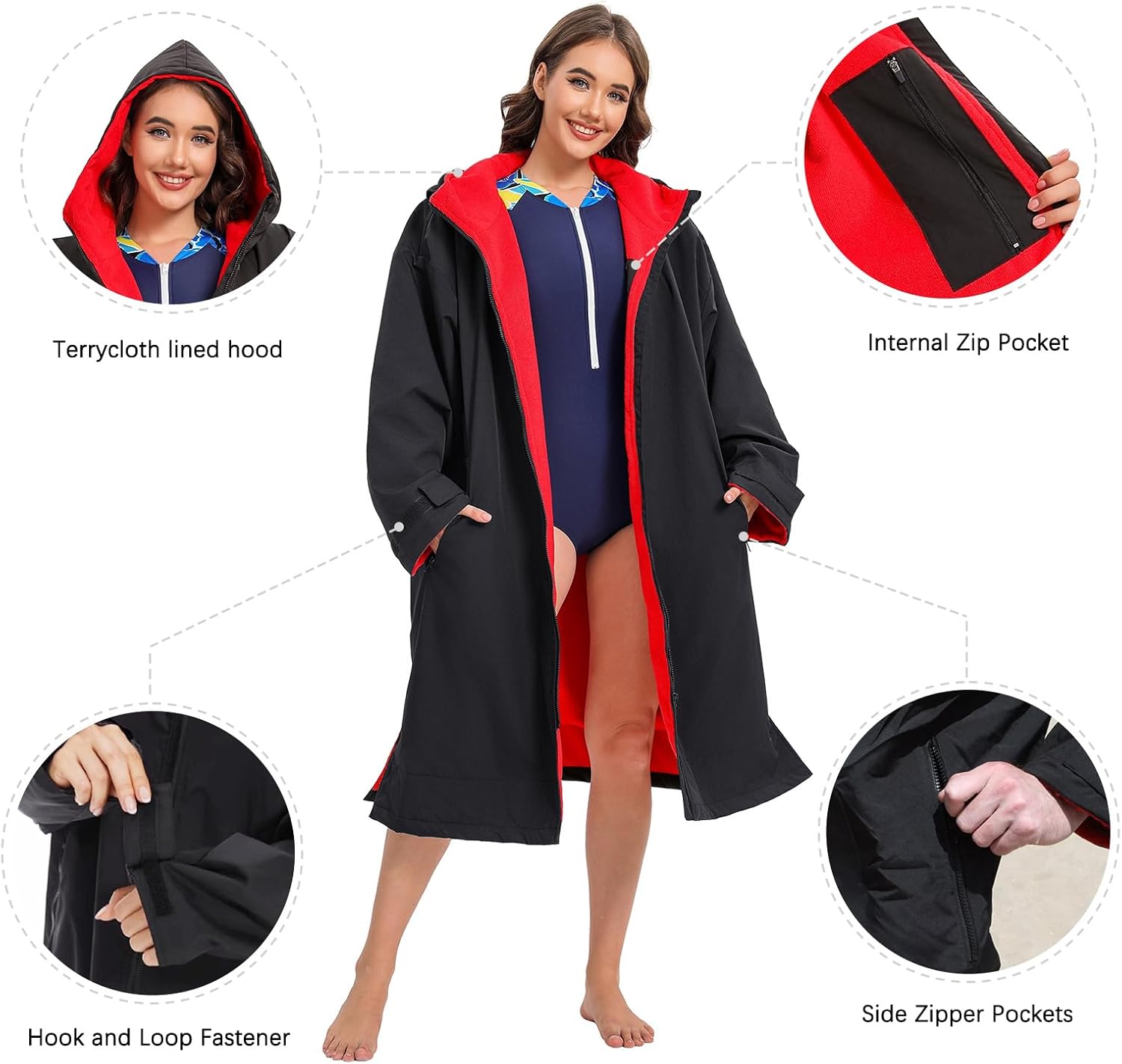 DEHAI Swim Jacket Parka for Women Men Youth Waterproof Surf Poncho Robe Oversized Lightweight Towel Lined Warm Swimming Coat