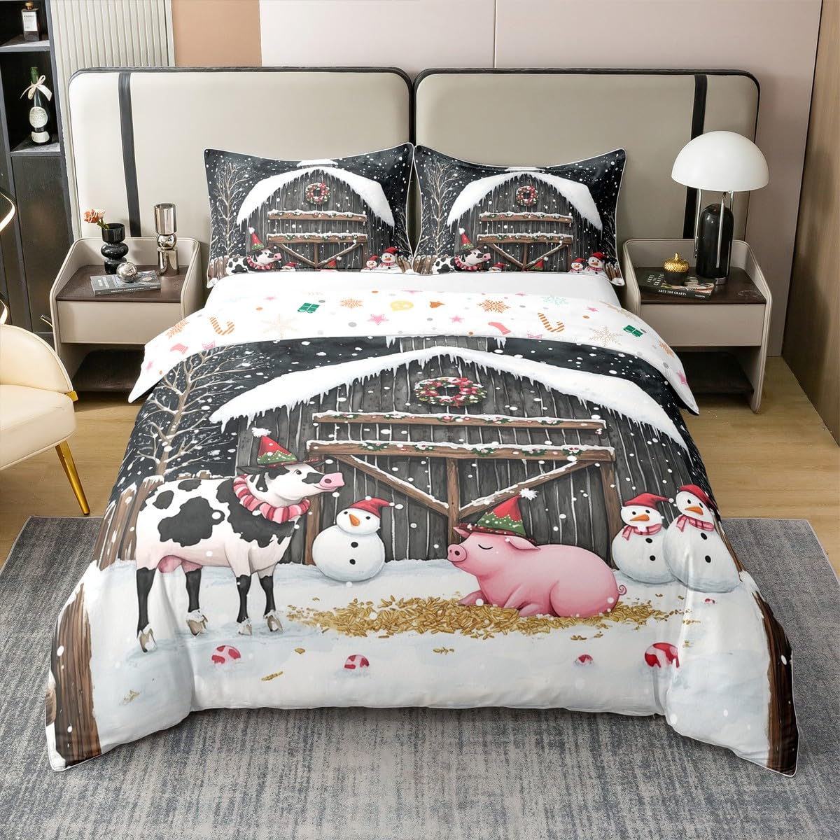 100% Natural Cotton Winter Farmhouse Duvet Cover King Size for Kids Boys Teens,Xmas Theme Snow 3 Pieces Duvet Cover,Cute Pig Cow Comforter Cover (Not Comforter),Retro Wooden Cabin Quilt Cover