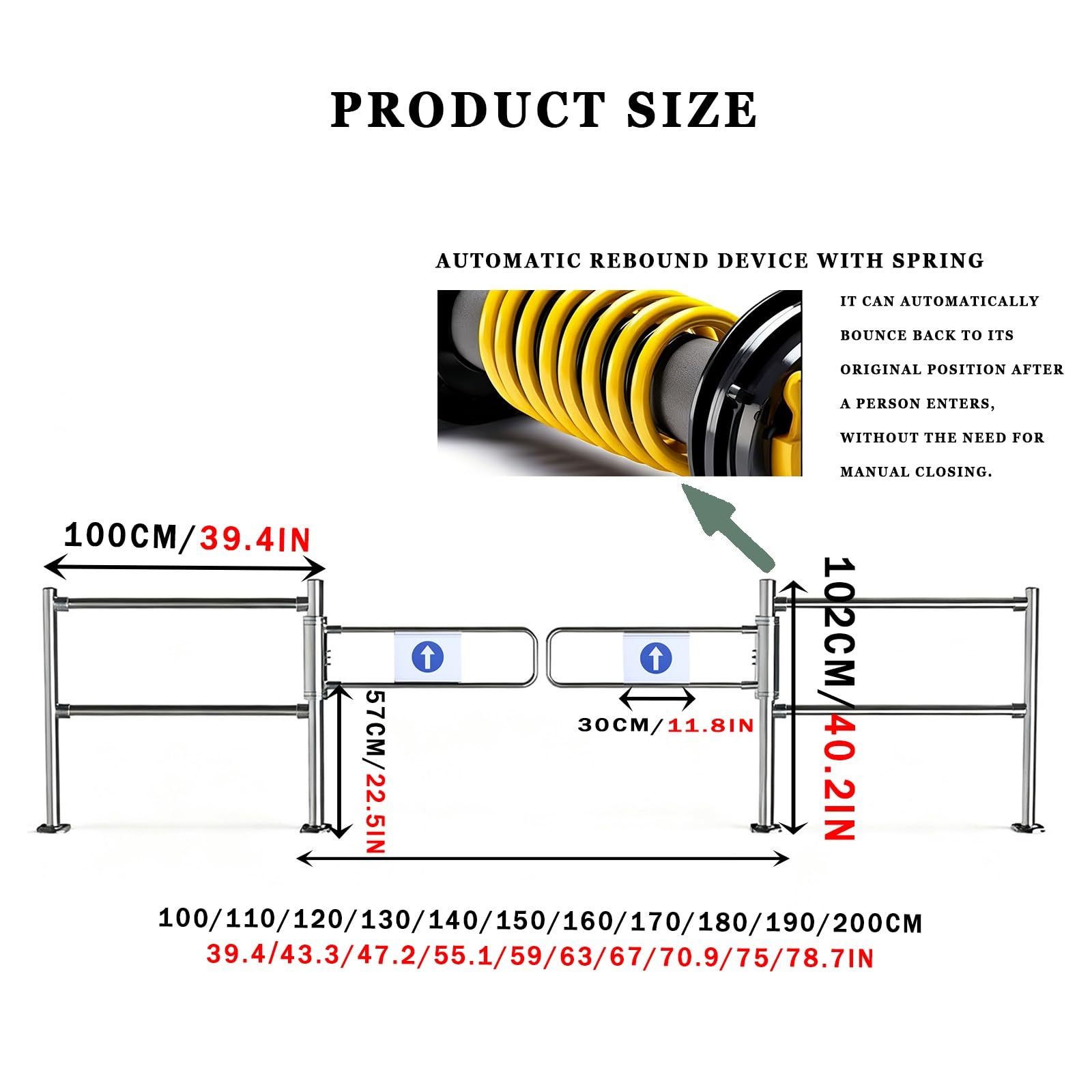 Automatyczna brama skrzydłowa, metalowa, jednokierunkowa, sprężynowa z automatycznym zamknięciem do użytku rynkowego (100 cm x 102 cm)