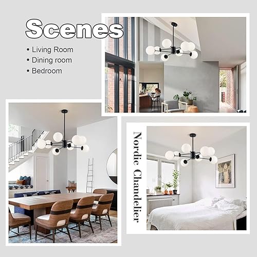 Miniatura 4 de KCO Lighting Sputnik - Candelabro de techo con 8 luces de cristal Sputnik de mediados de siglo, lámpara moderna de isla de cocina Sputnik (negro +