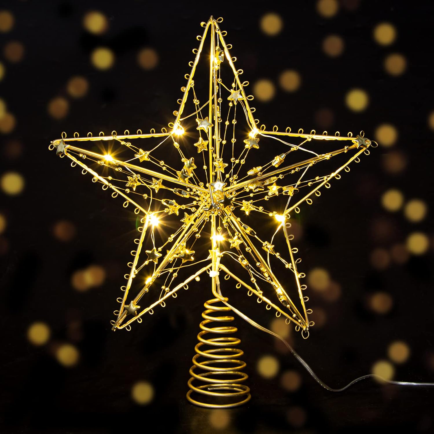 Gold Christmas Tree Topper Star, LED Light Up Star Tree Topper, 10