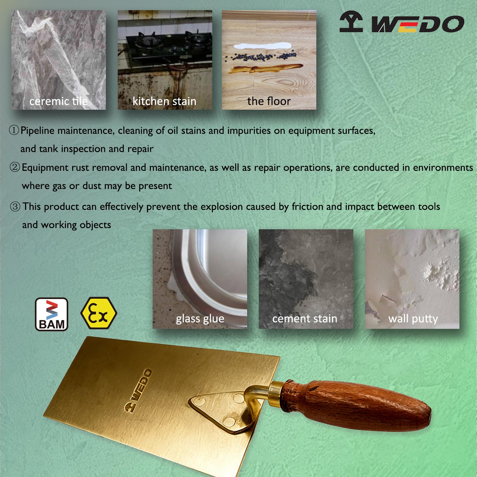 WEDO Juego de 2 paletas de ladrillo sin chispas, punta cuadrada + punta de punta, paleta de margen de mampostería con mango de madera, herramientas de hormigón de seguridad sin chispas para uso