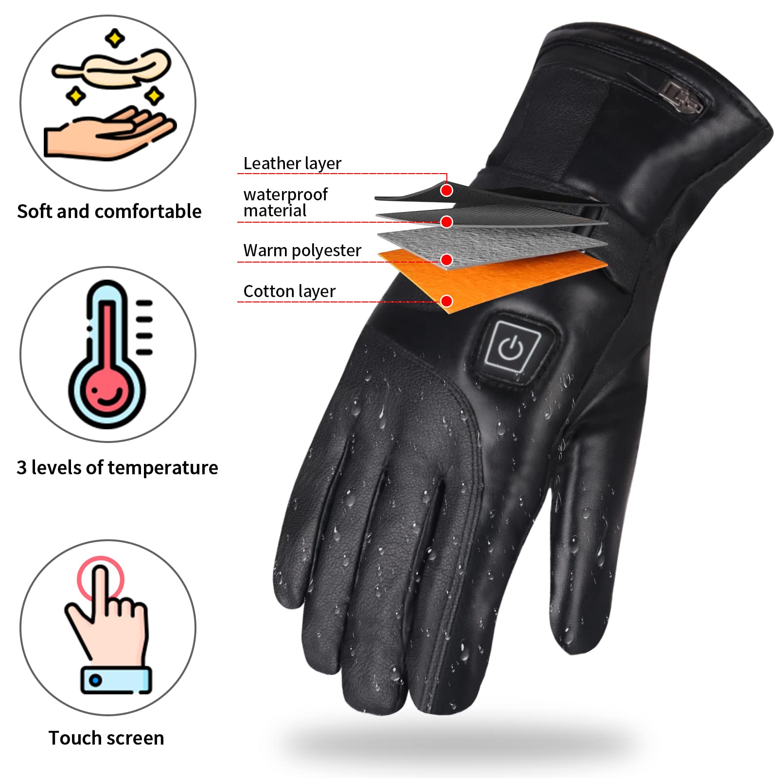 Mincoo Gants Chauffants Homme Femme Avec 2x5V 6000mAh Batteries, Gant Chauffant Moto à 3 Niveaux, Charge De Type C, Imperméables, Gants Tactiles Pour Le Ski, La Randonnée Et Le Cyclisme (XL