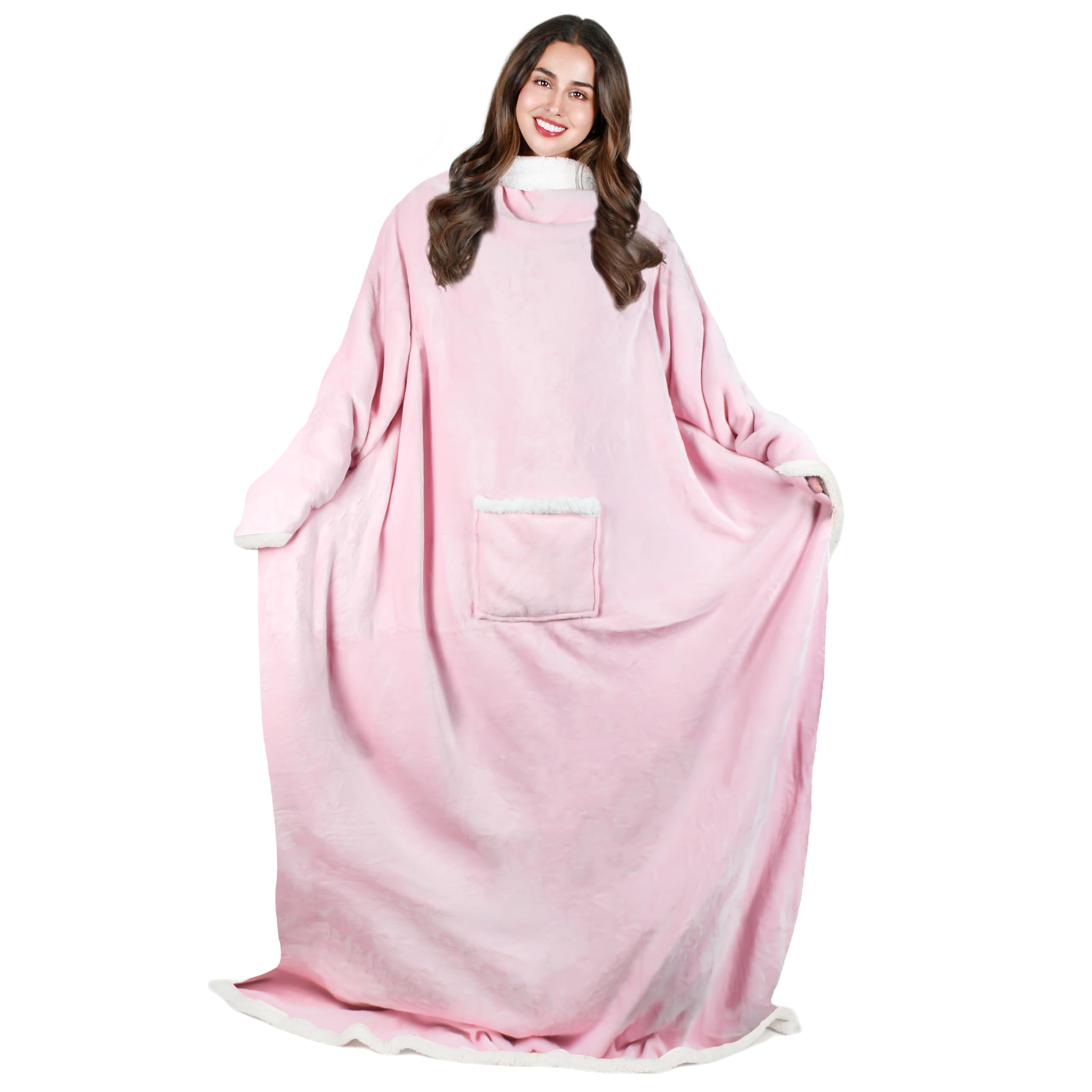 Catalonia Classy Women's Pink Sherpa Blanket With Sleeves, Brown Warm Micro Plush Sofa Fleece Blanket, Fluffy Wrap Throw Blanket, For Adult Men 183Cm X 140Cm (72" X 55”) By Catalonia,