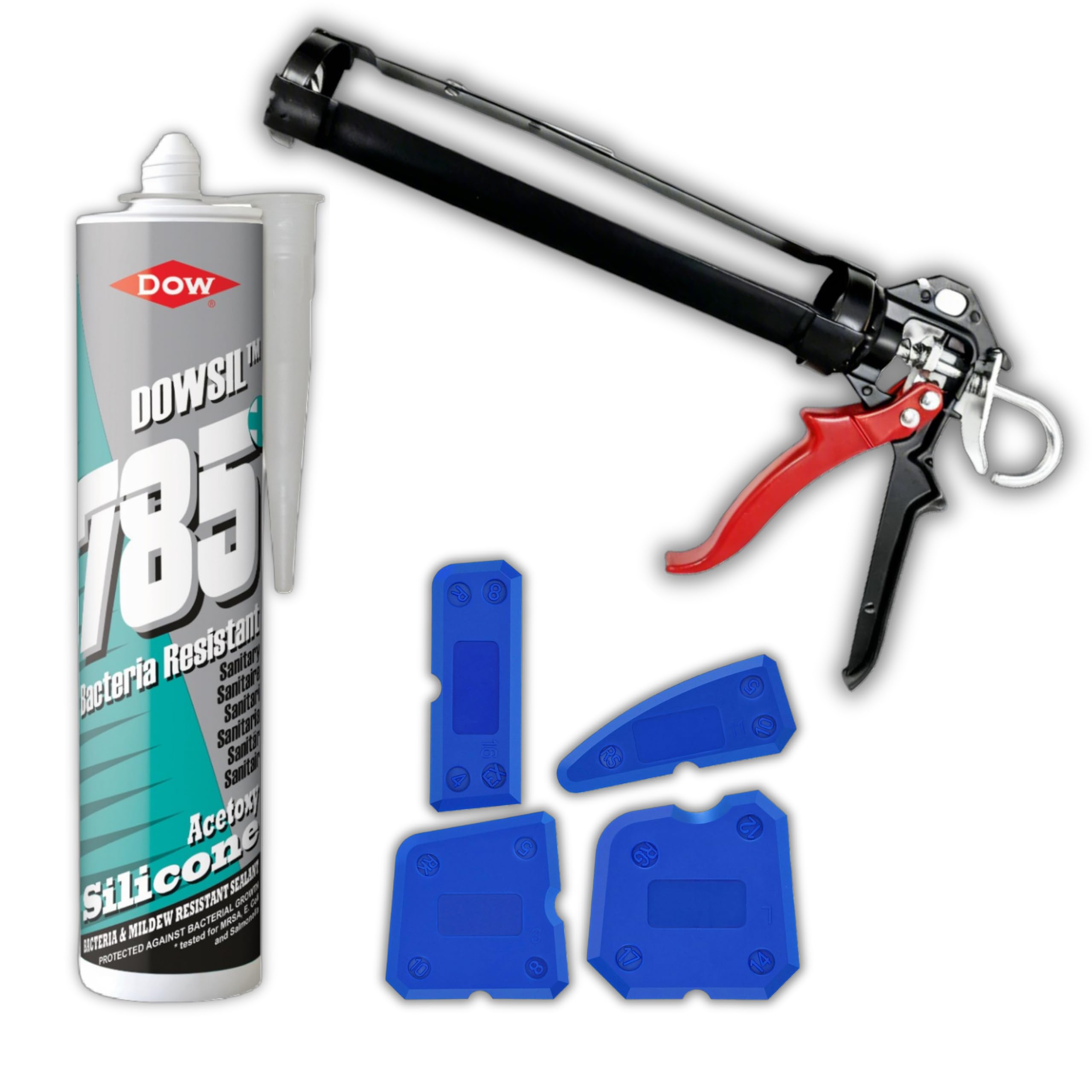 White Bathroom Sealant Kit Bundled with Dowsil 785 Bacteria Resistant Acetoxy Silicone Sealant, White, 310ml, Caulking Gun and Caulk Smoothing Picks Tools