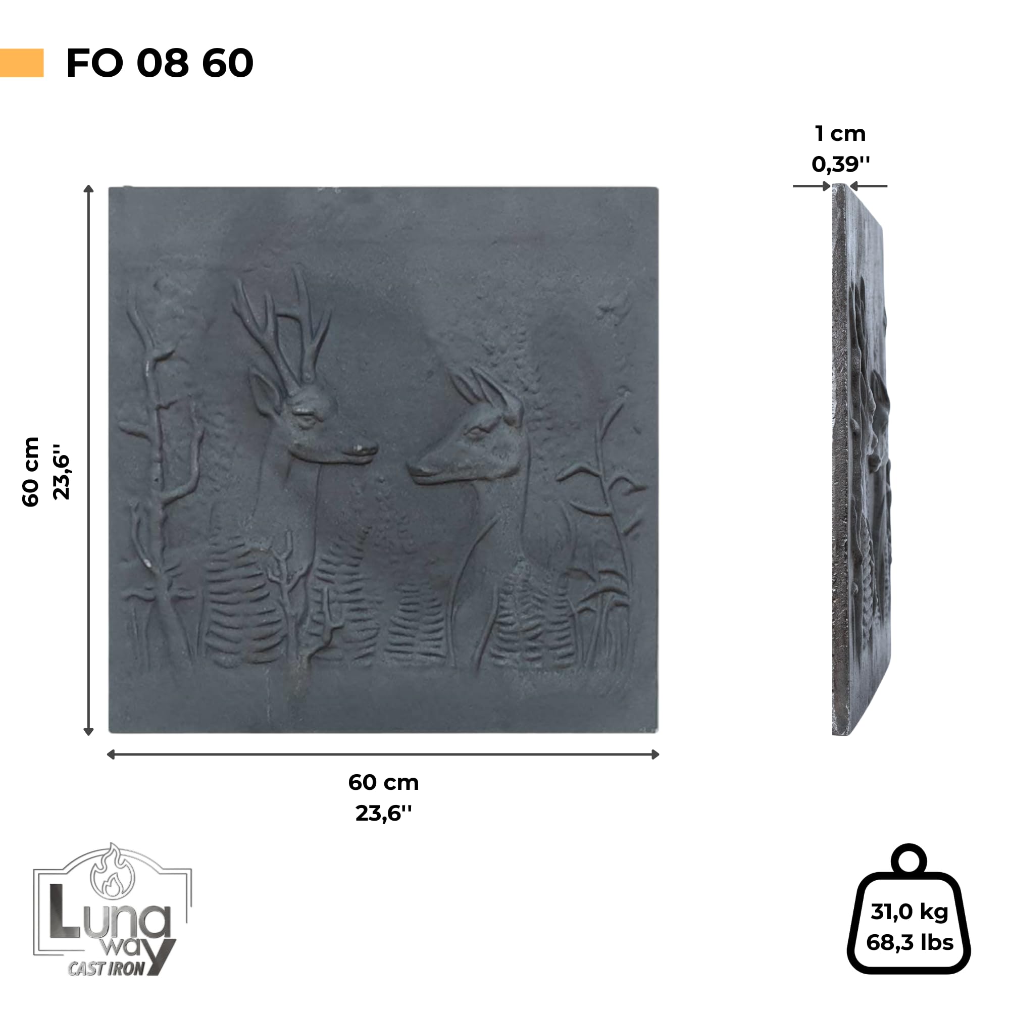 Plaque décorée faîtres en Fonte pour cheminée 60 x 60 cm Èp. 1 cm