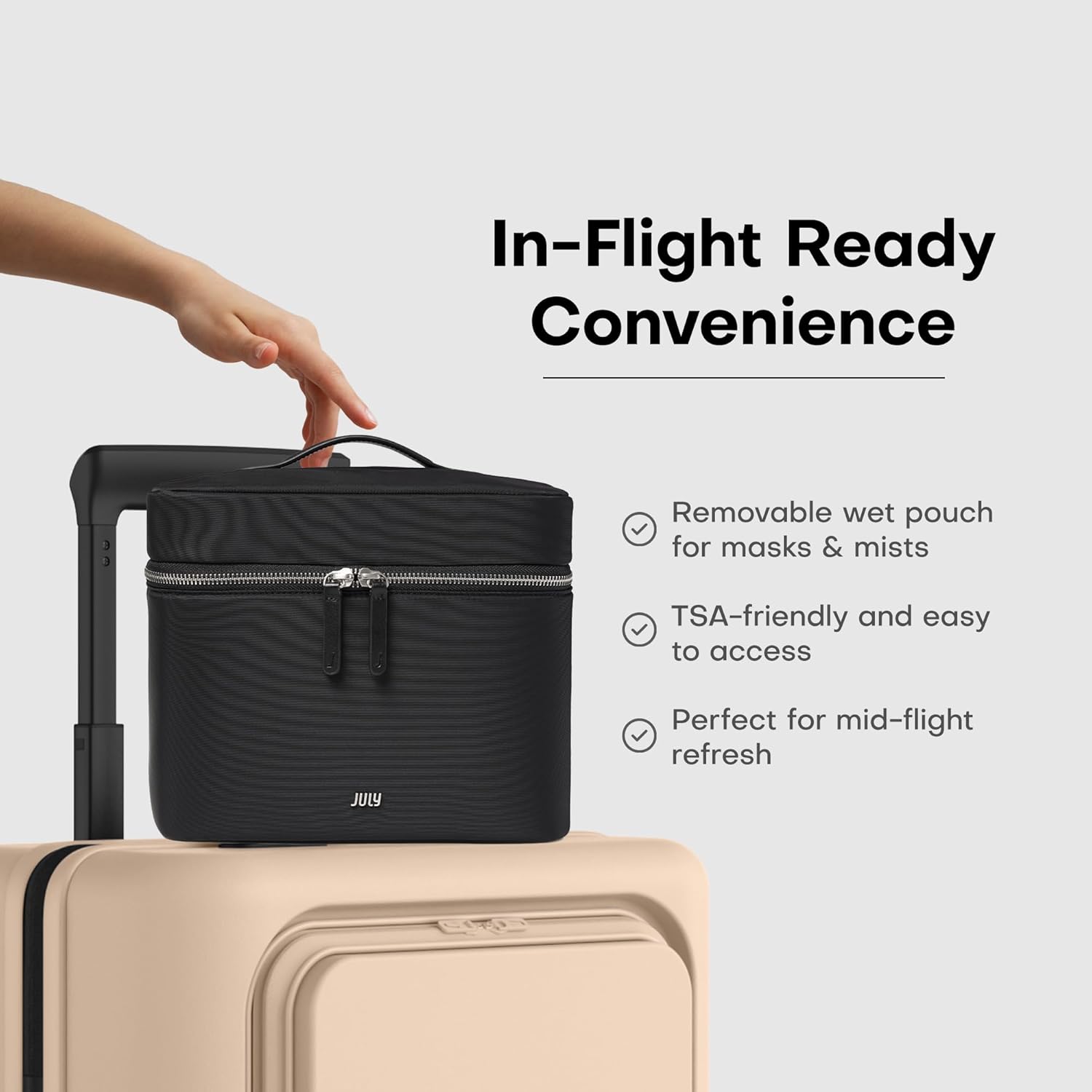 Vanity Cosmetic Case - Stylish Travel Makeup Bag for Women with Removable Wet Pouch, Upright Bottle Design, Clear Top Pocket, Leather Handle, Travel Essentials, Toiletry Organizer - Black