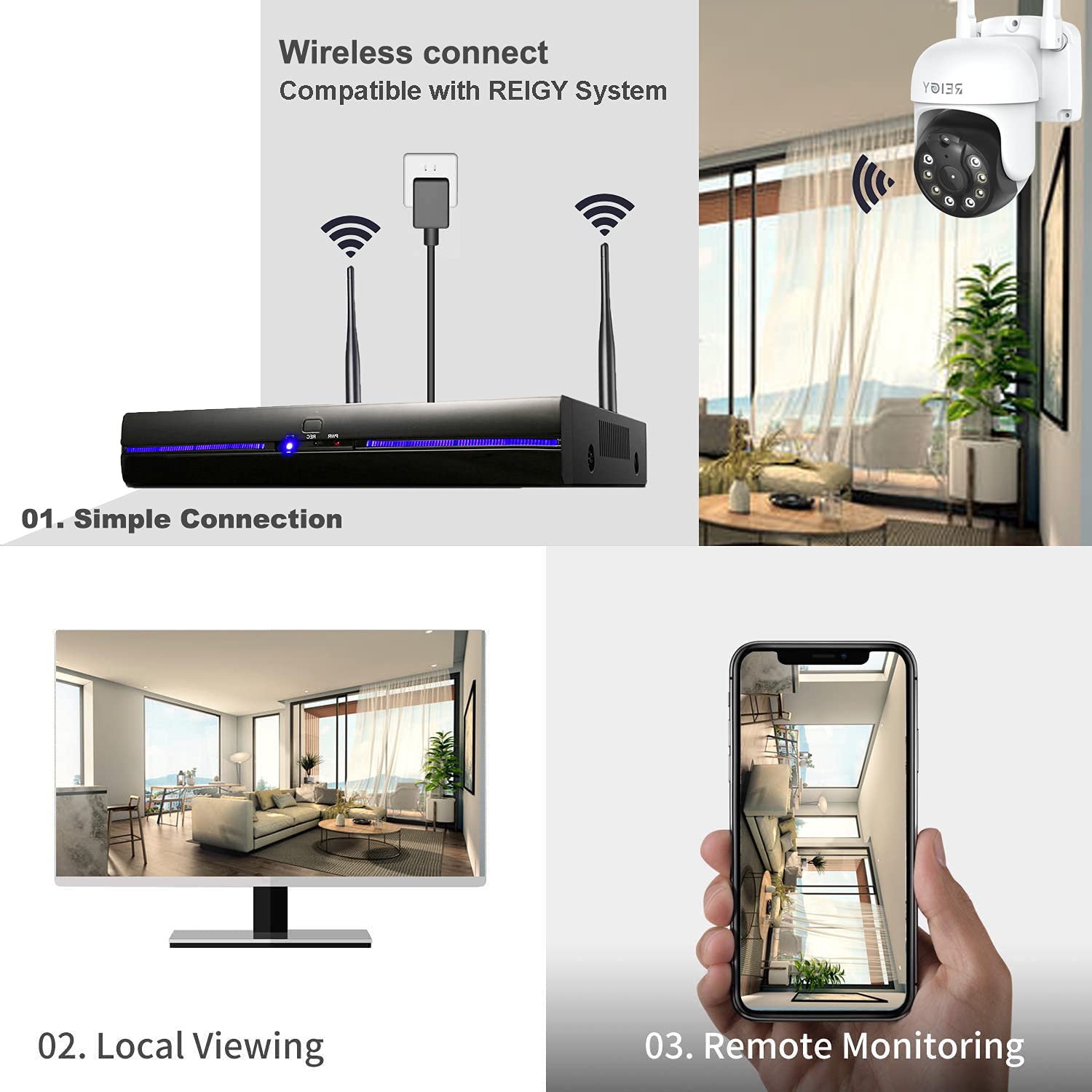 3MP zewnętrzna kamera nadzorująca WiFi 360°, REIGY 1296P IP bezprzewodowa kamera bezpieczeństwa z wykrywaniem ruchu noktowizyjnego w kolorze dwukierunkowym audio, wodoodporna IP66 Wewnątrz