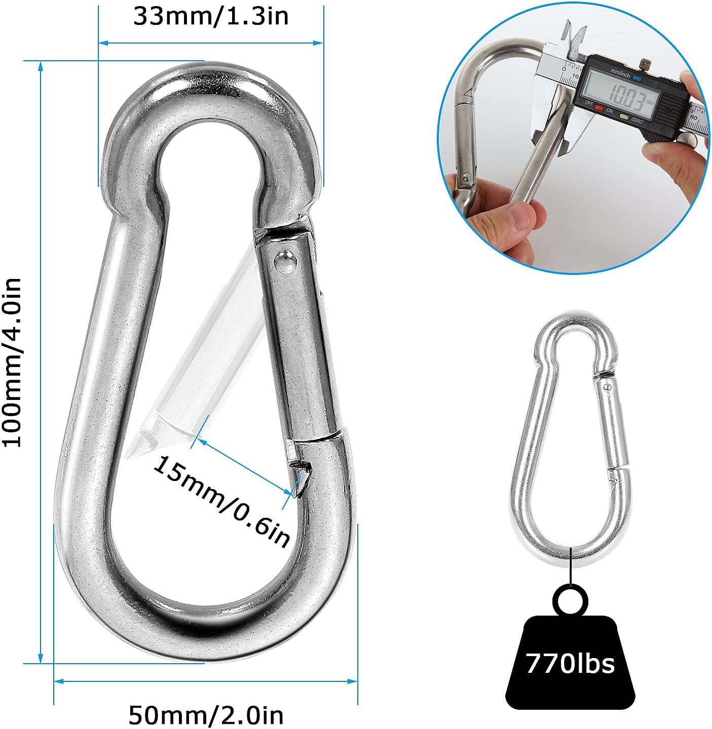 LANIAKEA 12Pcs 4inch Spring Snap Hook, M10 Stainless Steel Quick Links, 3/8 inch Large Carabiner Clips Heavy Duty for Camping, Swing, Hammock, Hiking, Fishing, Gym, 770LBS - Image 2
