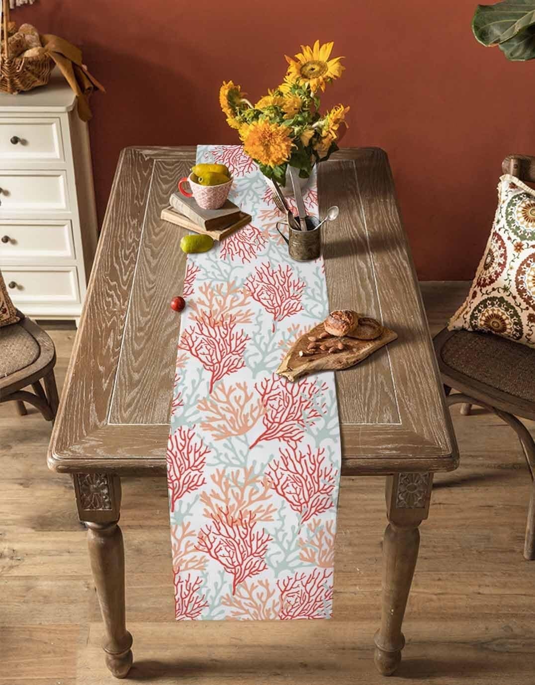 Chemin de Table en Coton et Lin Bleu Corail 13"x60" - Parfait for Une décoration sur Le thème de la Plage en été(Red Orange Grey Coral,18x72 inch)