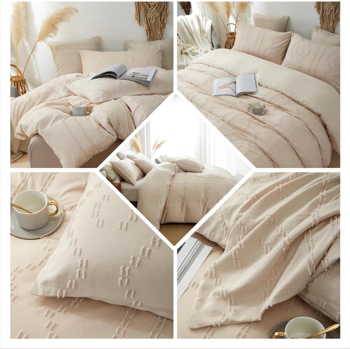 Boho Bedding Duvet Cover Sets 5 Piece Tufted Comforter Cover Set Shabby Chic Soft Breathable for All Seasons (King/California King, Beige) - Image 6