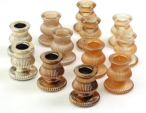 WDHODEC Portavelas dorados, 12 portavelas cónicos de vidrio para centro de mesa, palillos coloridos para decoración de bodas, fiestas y festivales