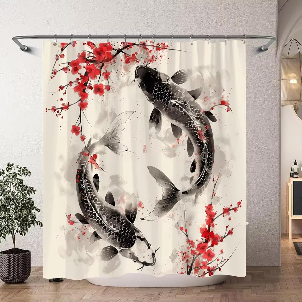 Rideau de Douche décoratif pour Salle de Bain, Motif Aquarelle de carpes koï (244 x 200 cm/L x H), inspiré des peintures à l'encre Chinoises et japonaises