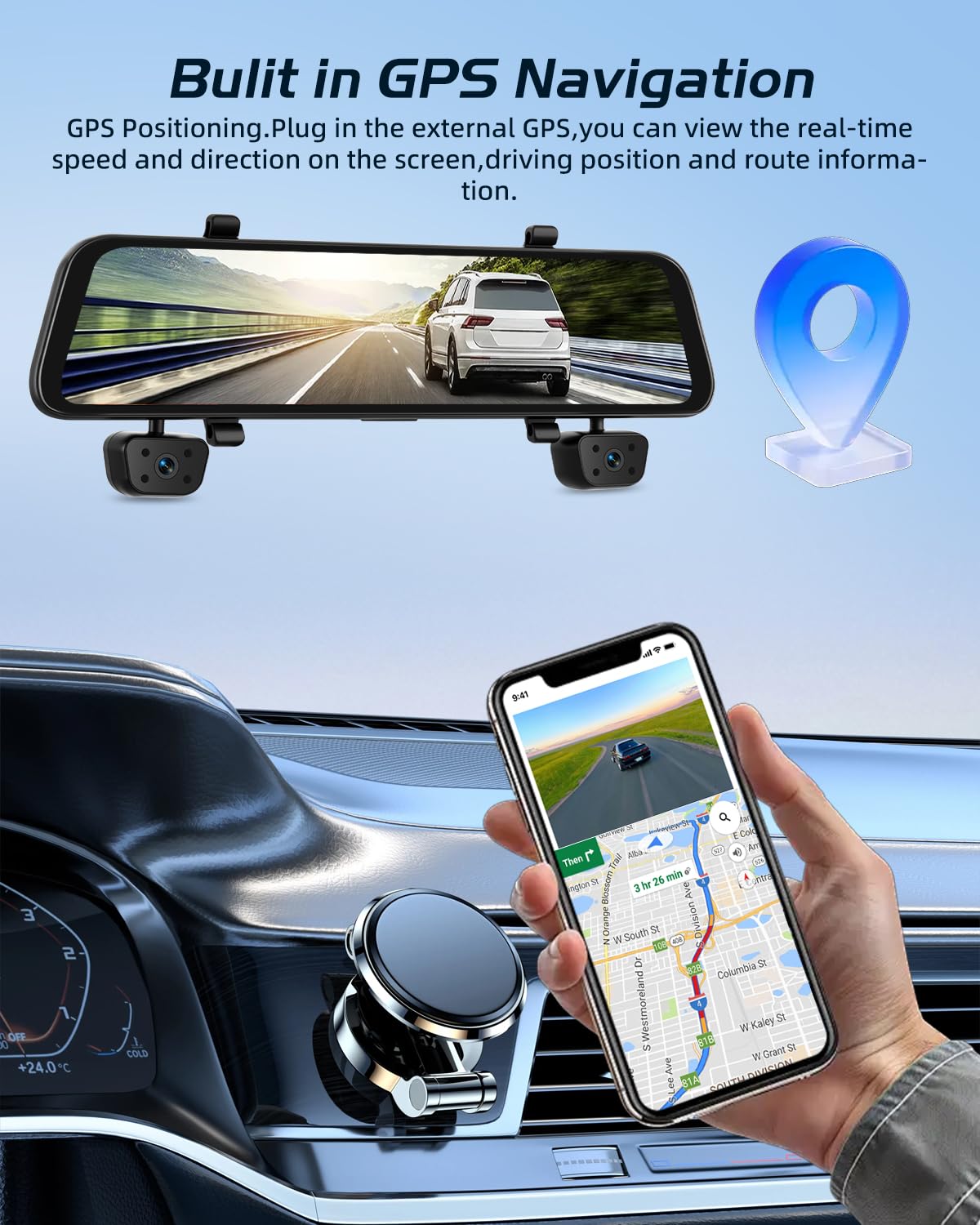 NHOPPEW Caméra embarquée à rétroviseur 4 canaux - Rétroviseur 12 Pouces Compatible GPS WiFi Contrôle Via Application Enregistrement en Boucle Capteurs G Moniteur de stationnement