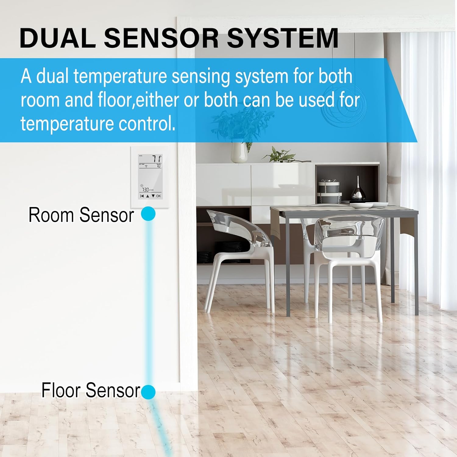 Dual sensor system for room and floor temperature control