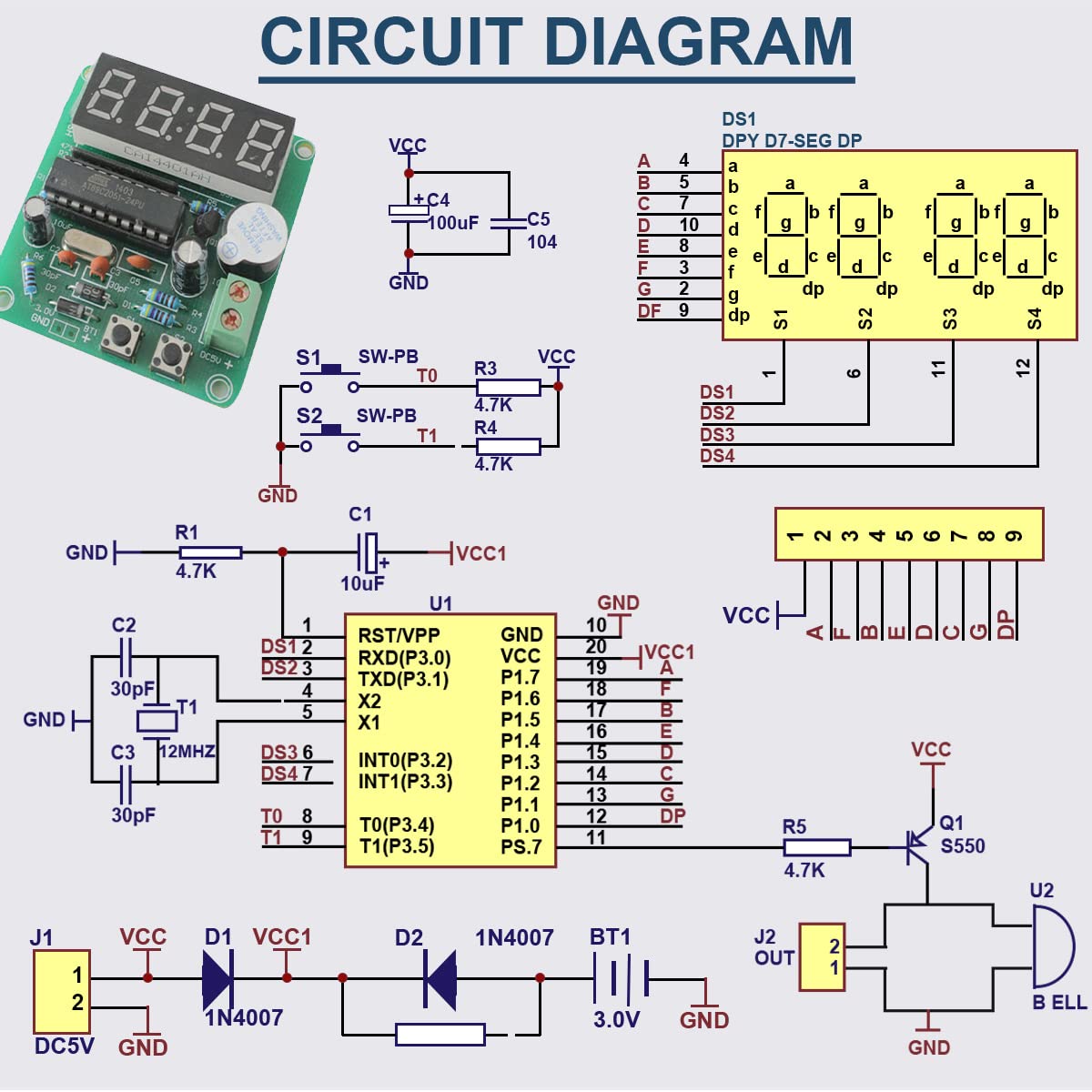 Detailed circuit diagram for the DAOKAI 4-Bit Digital Electronic Clock DIY Kit, showing component connections and pinouts.