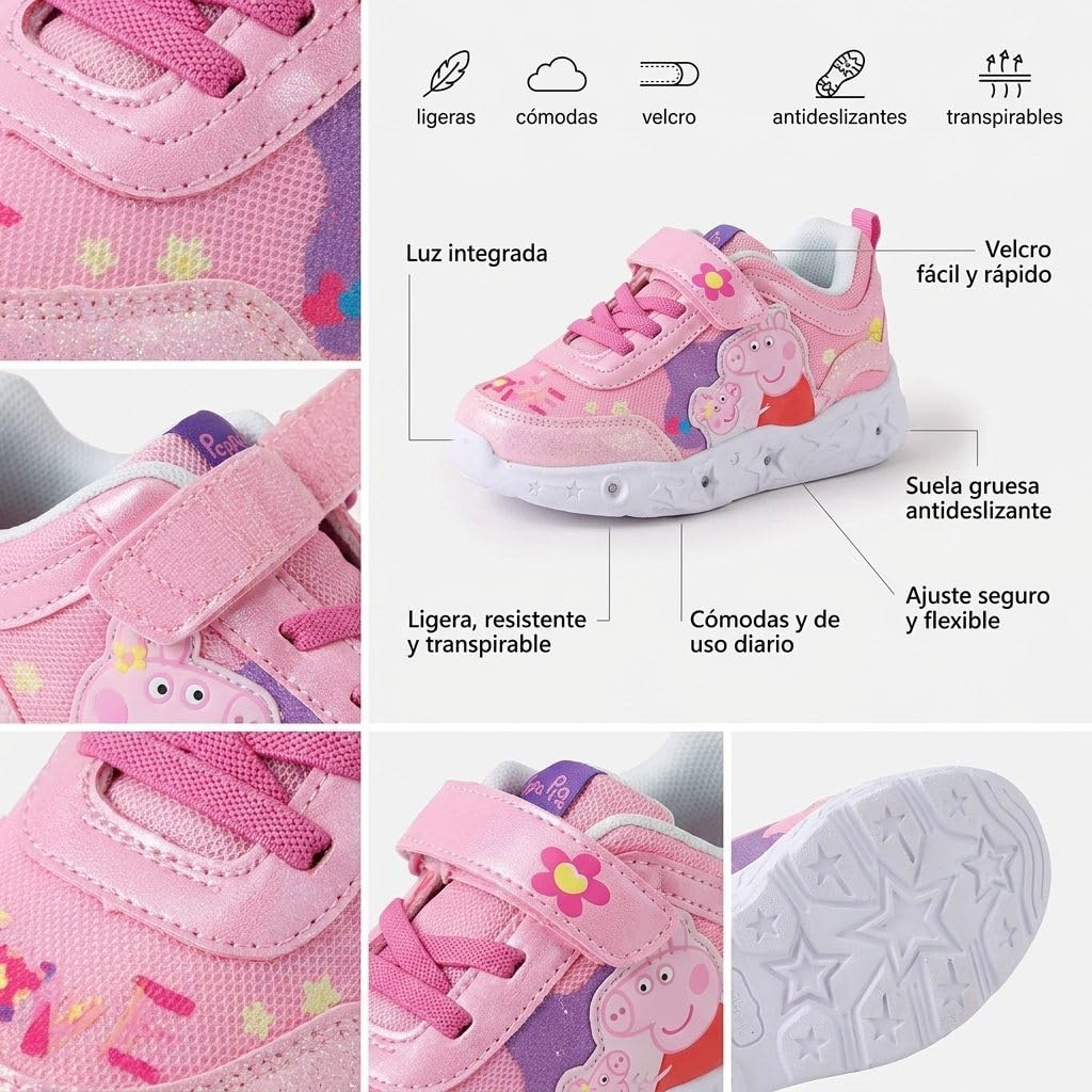 Deportivas Peppa Pig con Luces Suela Ligera de EVA - Zapatillas Peppa Pig Cómodas para Niño y Niña