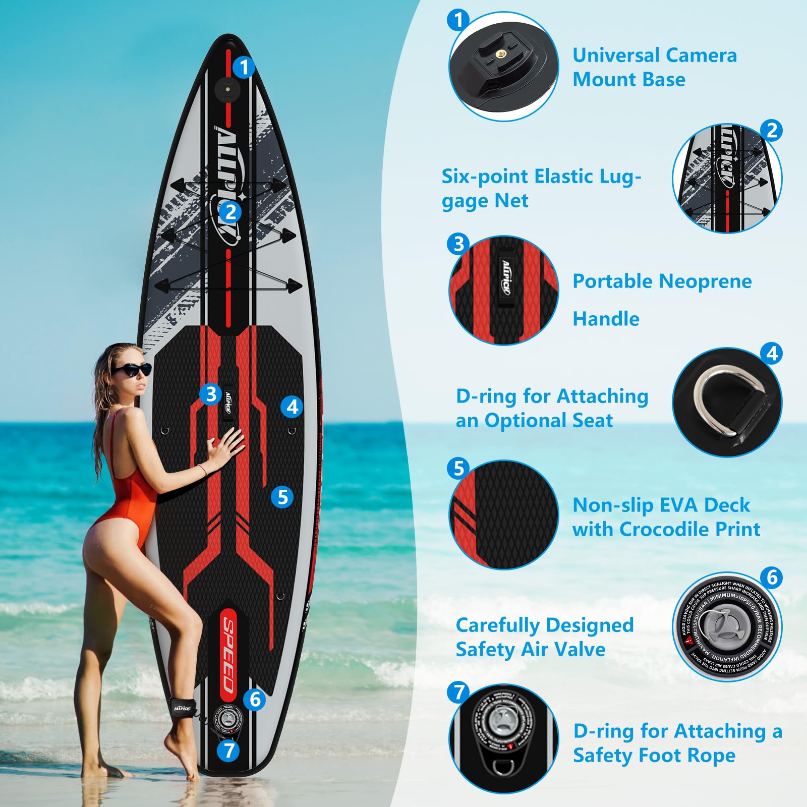 ALLPICK Sup Gonfiabile, Stand Up Paddle Board Gonfiabile, Con Supporto Universale per Fotocamera, Accessori Completi, Tavola da Sup Surf, Principianti e Avanzati, 150kg/180kg