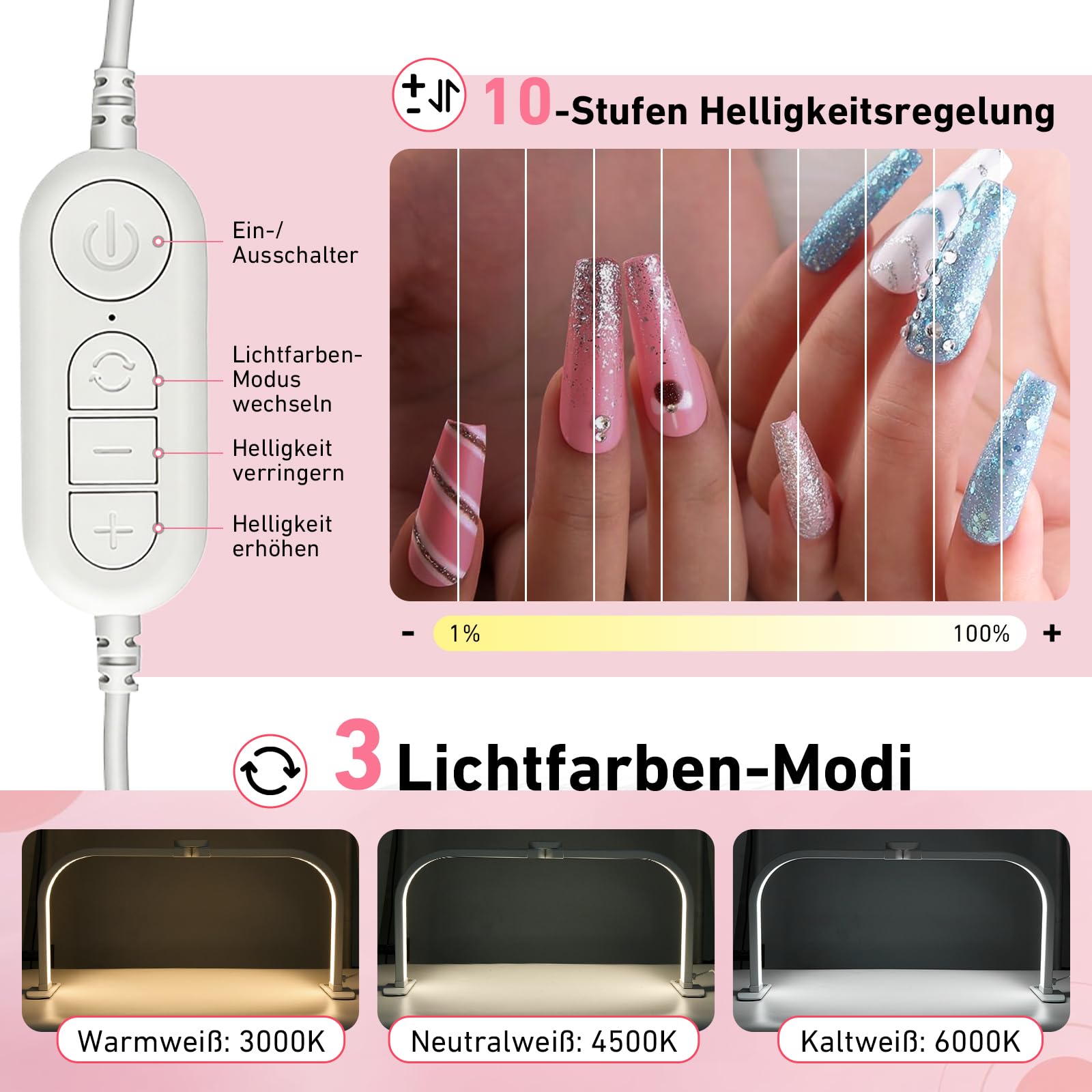 Halbmond Lampe Desktop, 70cm/27.5" Extra Groß Faltbare LED Halbmondlampe mit Handyhalter für Nagel Schreibtisch 3 Farbmodi 10 Helligkeiten Einstellbar Nageltisch Lampe für Schönheit, Wimpern, Tattoo