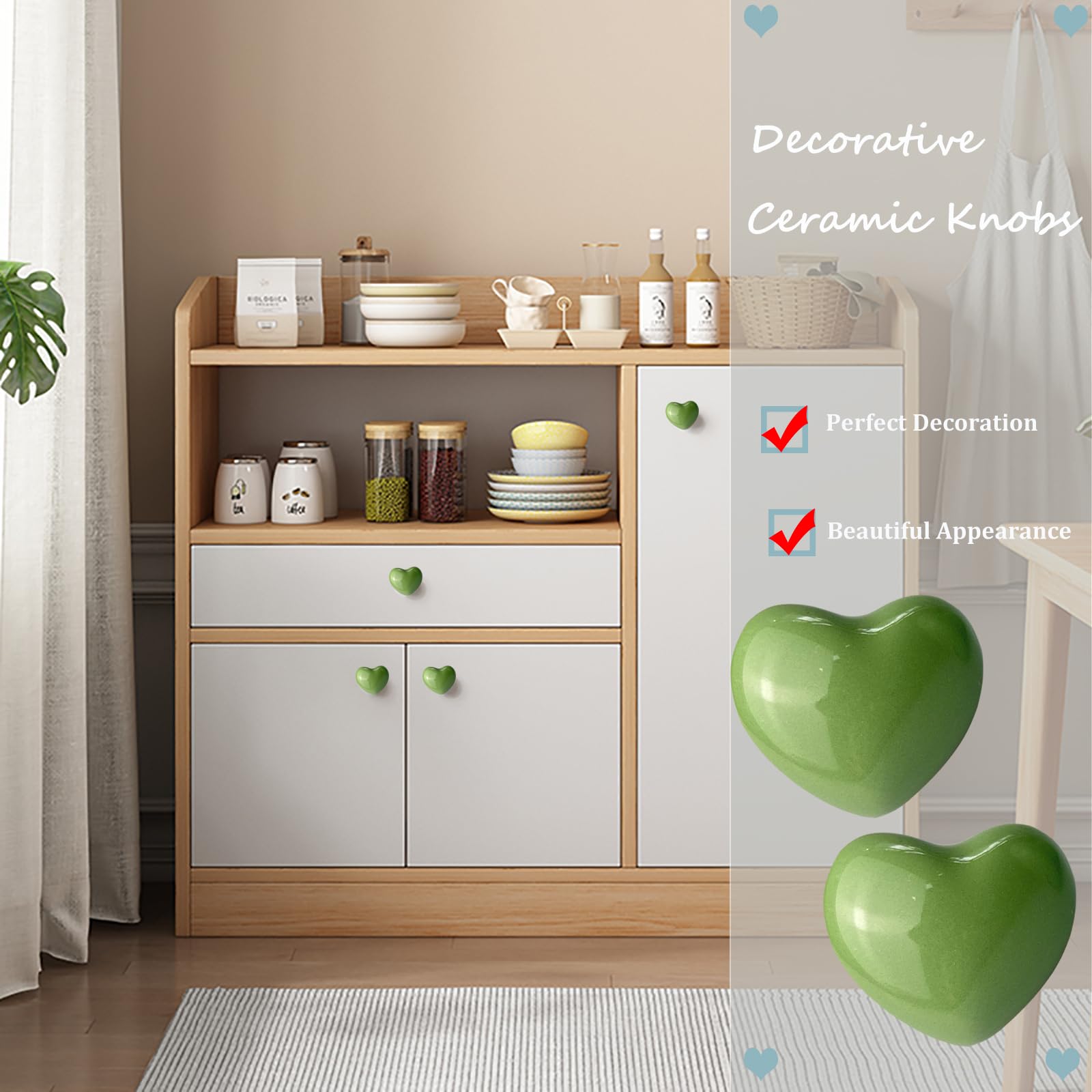Mimhooy 4 Pack Green Ceramic Heart Shaped Cabinet Knobs for Cupboards & Drawers, Decorative - Image 4