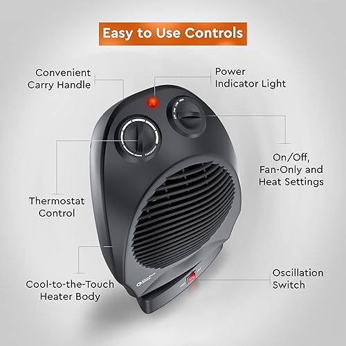 Miniatura 4 de Comfort Zone Calentador de espacio oscilante con termostato ajustable, escritorio, forzado por ventilador, portátil, sensor de sobrecalentamiento,