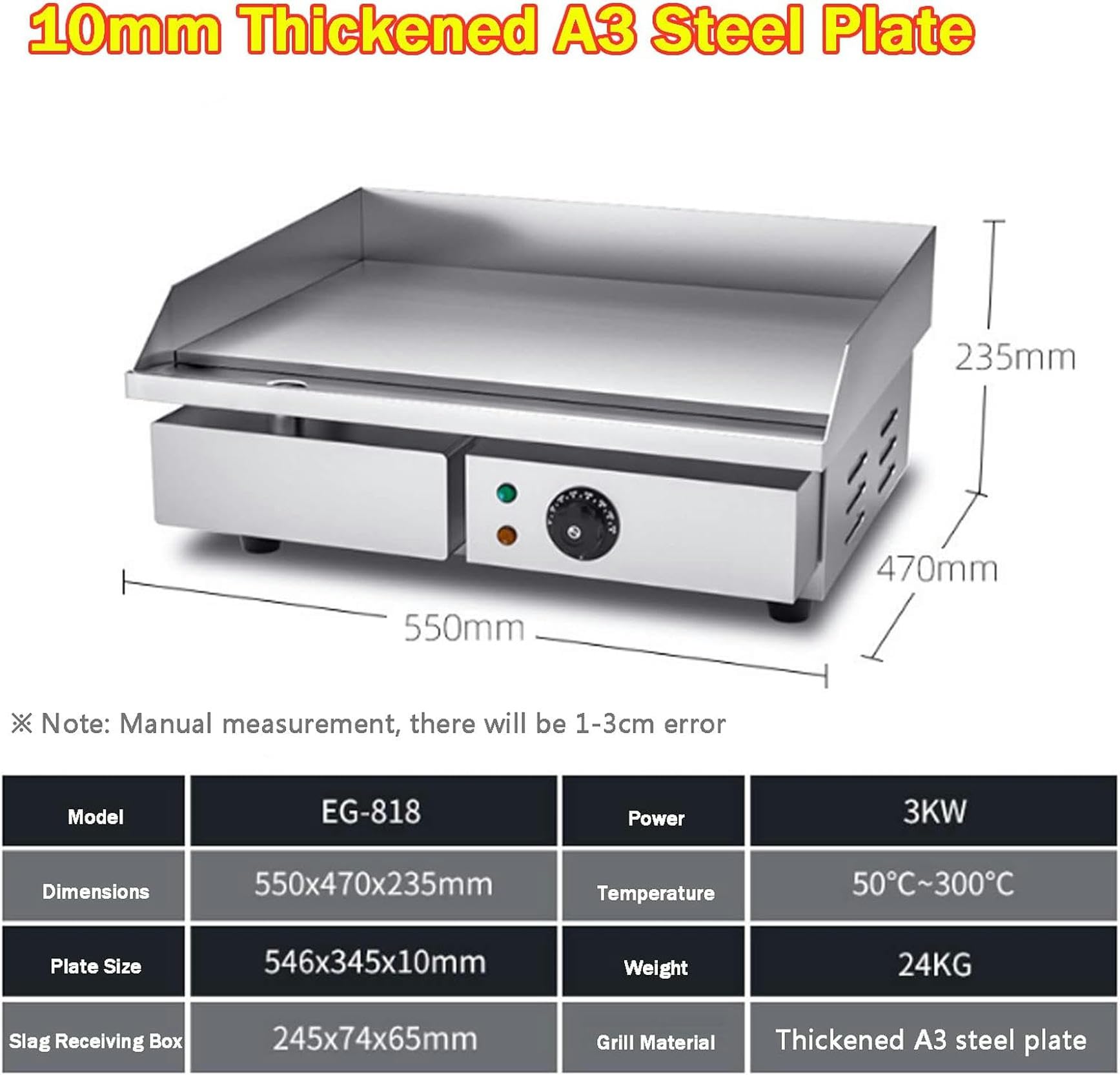 Piastra Elettrica Griglia in Acciaio Inox, Piastra Cottura Commerciale Elettrica da Cucina 546x345 mm/728x400 mm, 50-250°C, Elettrico Professionale con Paraspruzzi e Contenitore di Raccolta,820-1pc