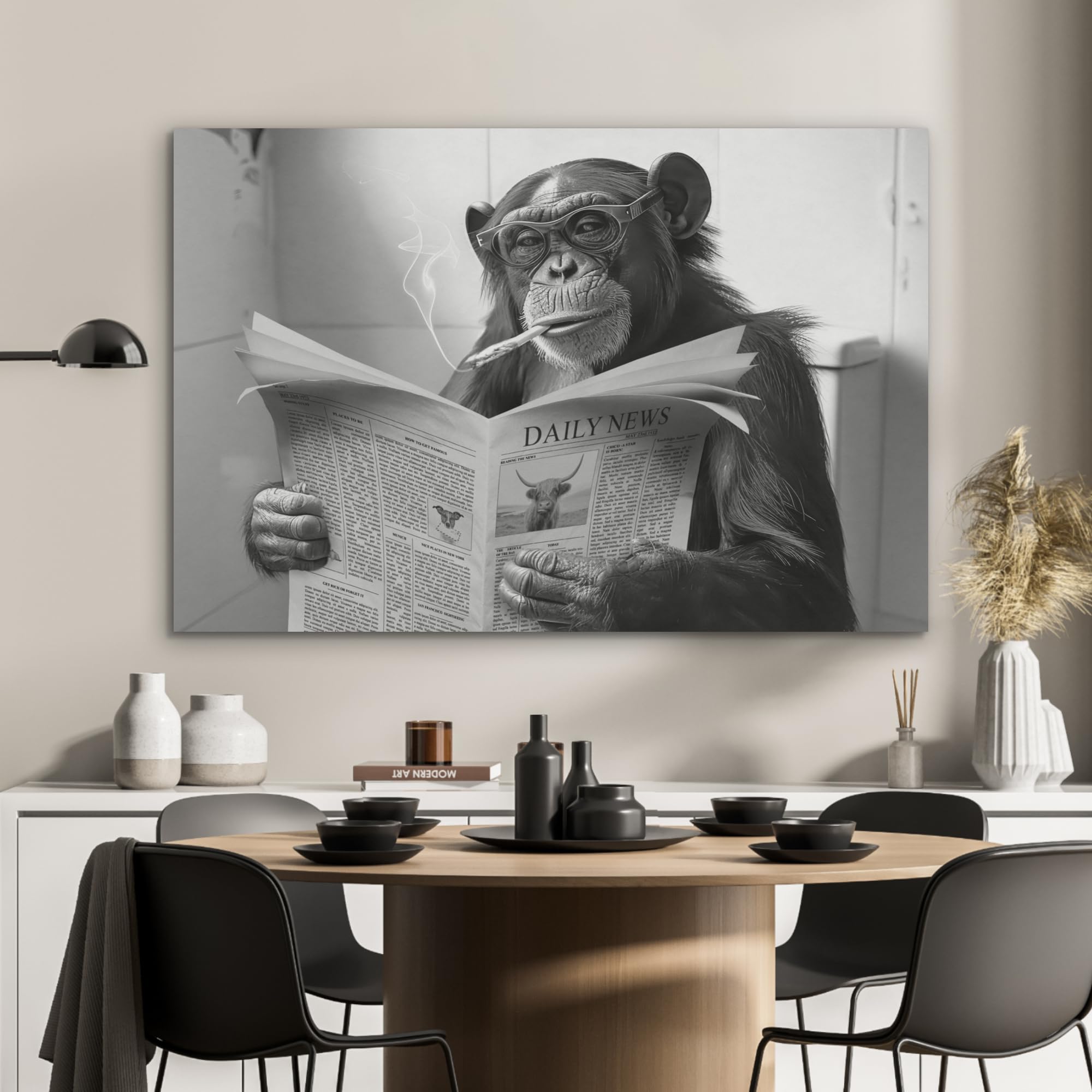 MuchoWow© Wandbilder aus Filz 100x70 cm Wohnzimmer Wanddeko Schlafzimmer Zimmerdeko Wandgemälde Zimmer Deko für die Wand Dekoration Wall Art Affe - WC - Zeitung - Schwarzweiß - Humor