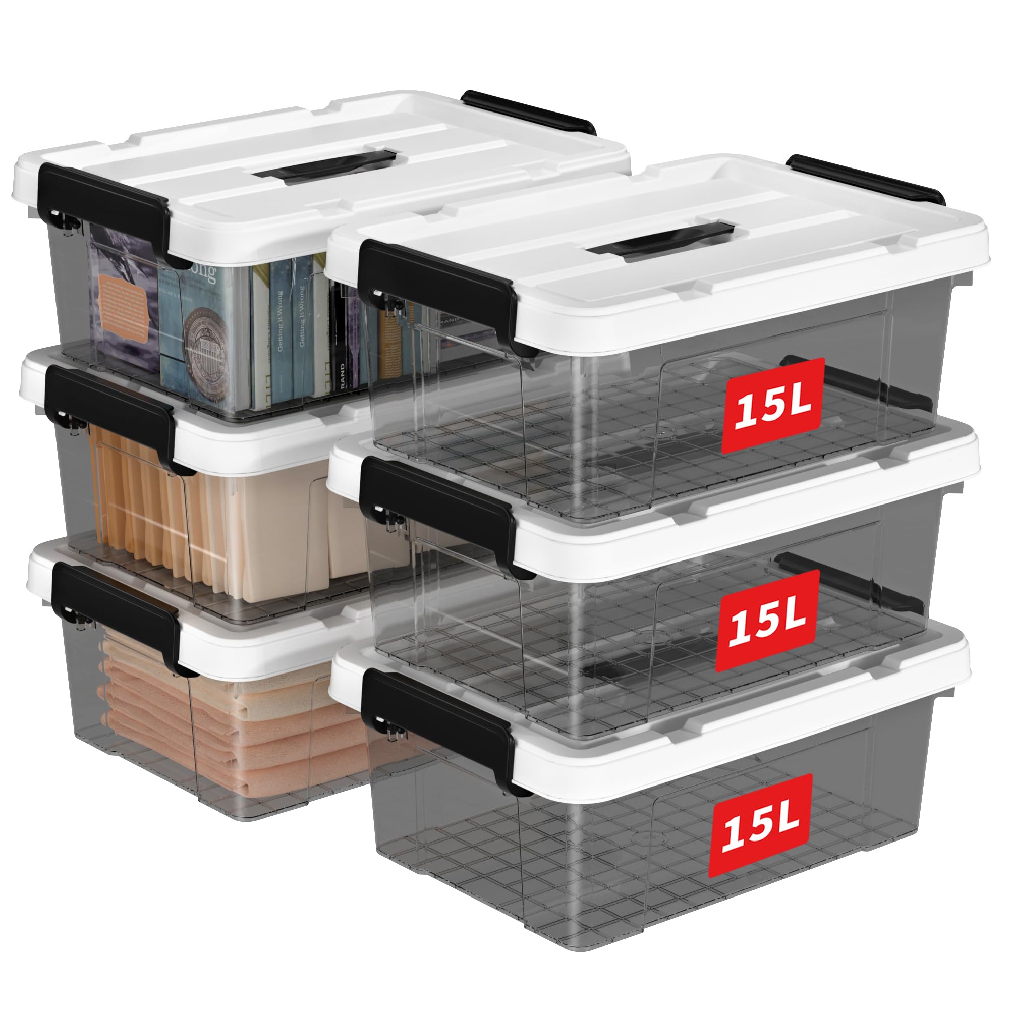 Cetomo 15L*6 Storage Boxes, Carry Plastic Storage Box with Lids, Organizing Container with Handle and Secure Latching Buckles, Stackable, Nestable, Tote Bin for Home Clothes, 15L-6Pack, Clear Black