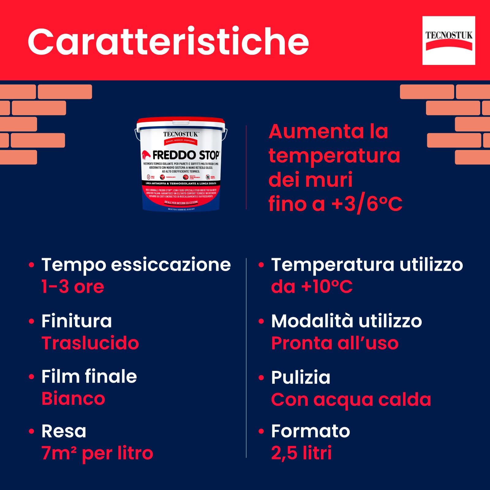 Eurocali Tecnostuk Freddo Stop Rivestimento Termico Traspirante Interni ed Esterni Termoisolante per Muri Freddi Umidi 2,5L + Kalorfix Fissativo Isolante Termico 1L - Made in Italy