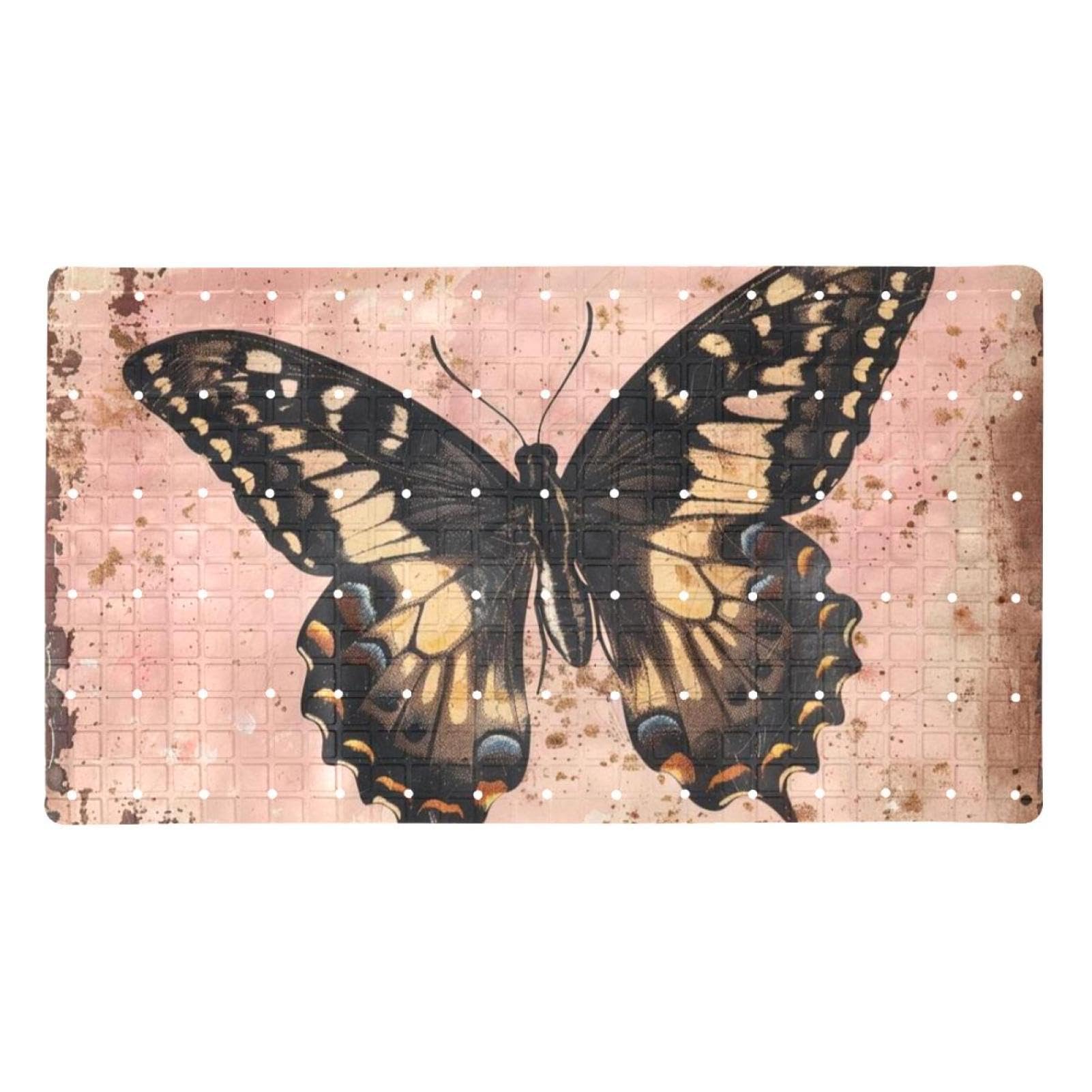 Tapis de bain vintage papillon extra long en PVC antidérapant pour douche