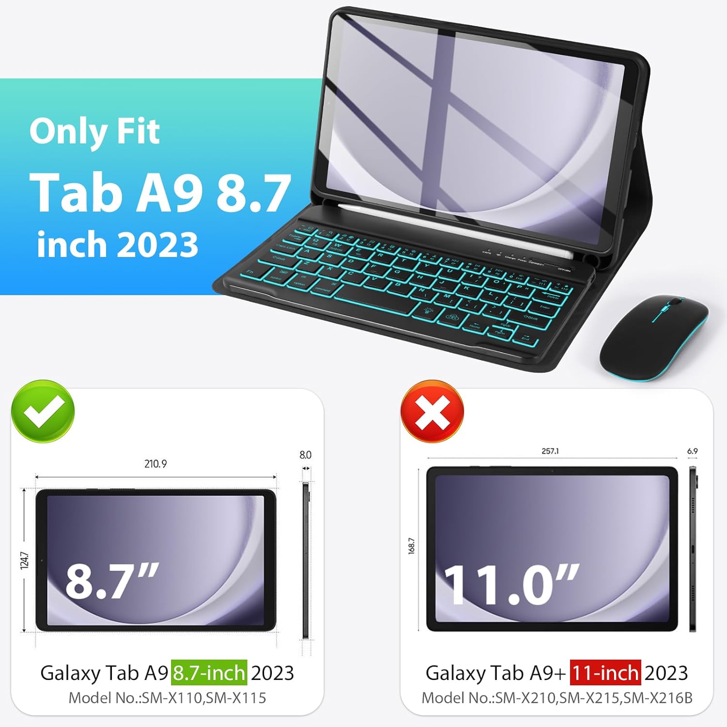 Keyboard Case for Samsung Galaxy Tab A9 8.7" 2023, 7 Color Backlit, Detachable Wireless Keyboard Case with S Pen Holder and Wireless Mouse for Galaxy Tab A9, Black