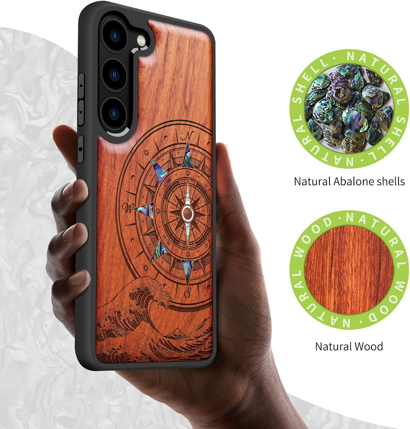 Carveit Designer Wooden Case for Samsung Galaxy S23 Plus Cover [Wood Engraving & Shell Inlay] Wood Phone Case Compatible with Wireless Chargers Galaxy S23 Plus Case (Wave Compass-Rosy)