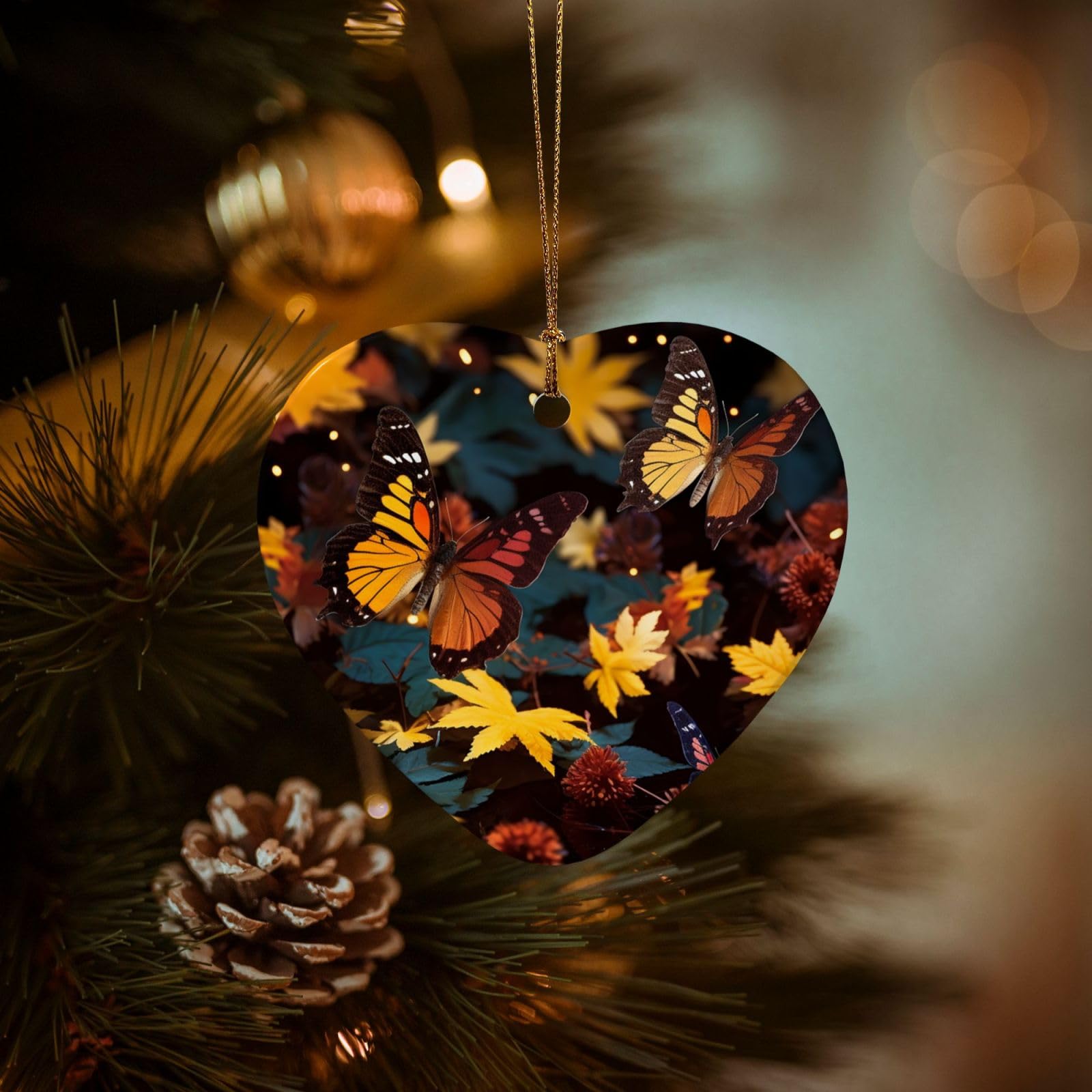 Christmas Tree Ornaments Ceramics Christmas Decorations Autumn Leaves Ornaments with Gold Ribbon Porcelain Xmas Tree Crafts Heart Shape Hanging Pendant for Christmas Tree Party Decor