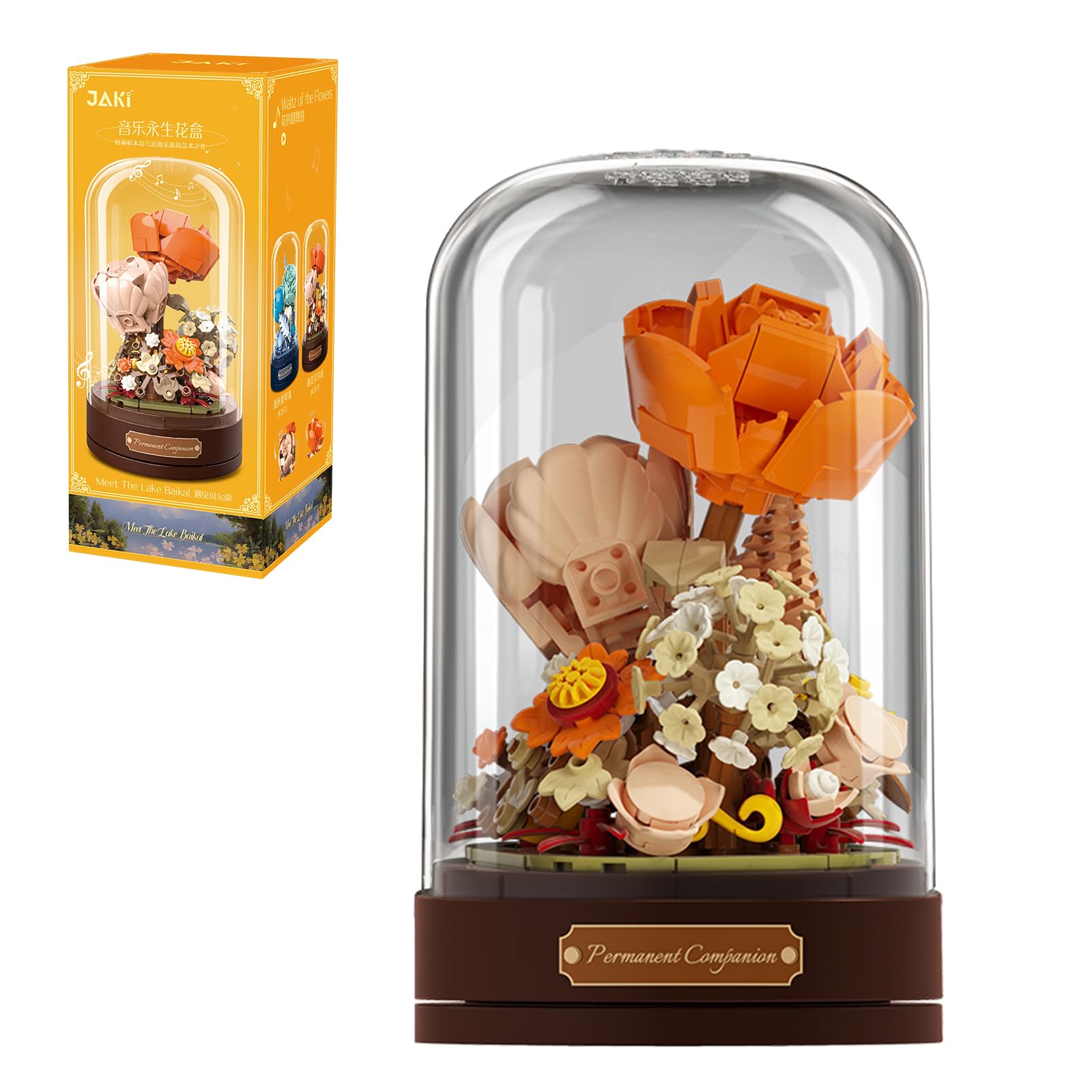 MEIEST Building Blocks Flowers Bouquet Set with Music Box and Dust-Proof Dome,DIY Simulation Artificial Particle Flower Collection Construction Building Bricks Toy,Home Decor (Yellow)