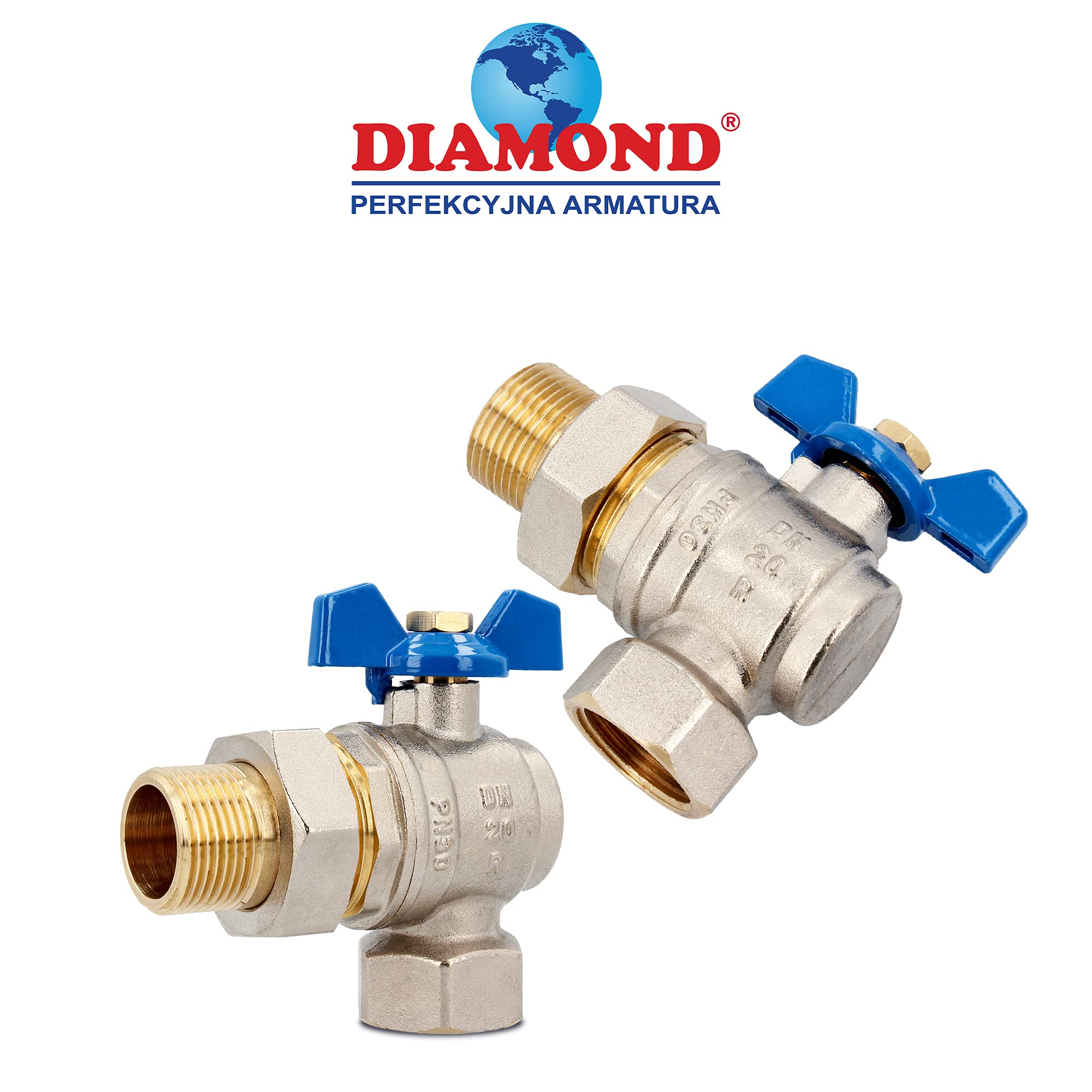 DIAMOND® mosiężny zawór kulowy Ø 1/2 cala ze złączem śrubowym DN15 gwint wewnętrzny gwint zewnętrzny i uchwyt dźwigniowy | pełny przelot niklowany narożny zawór odcinający z przepustnicą i pierścieniem uszczelniającym PTFE niebieski