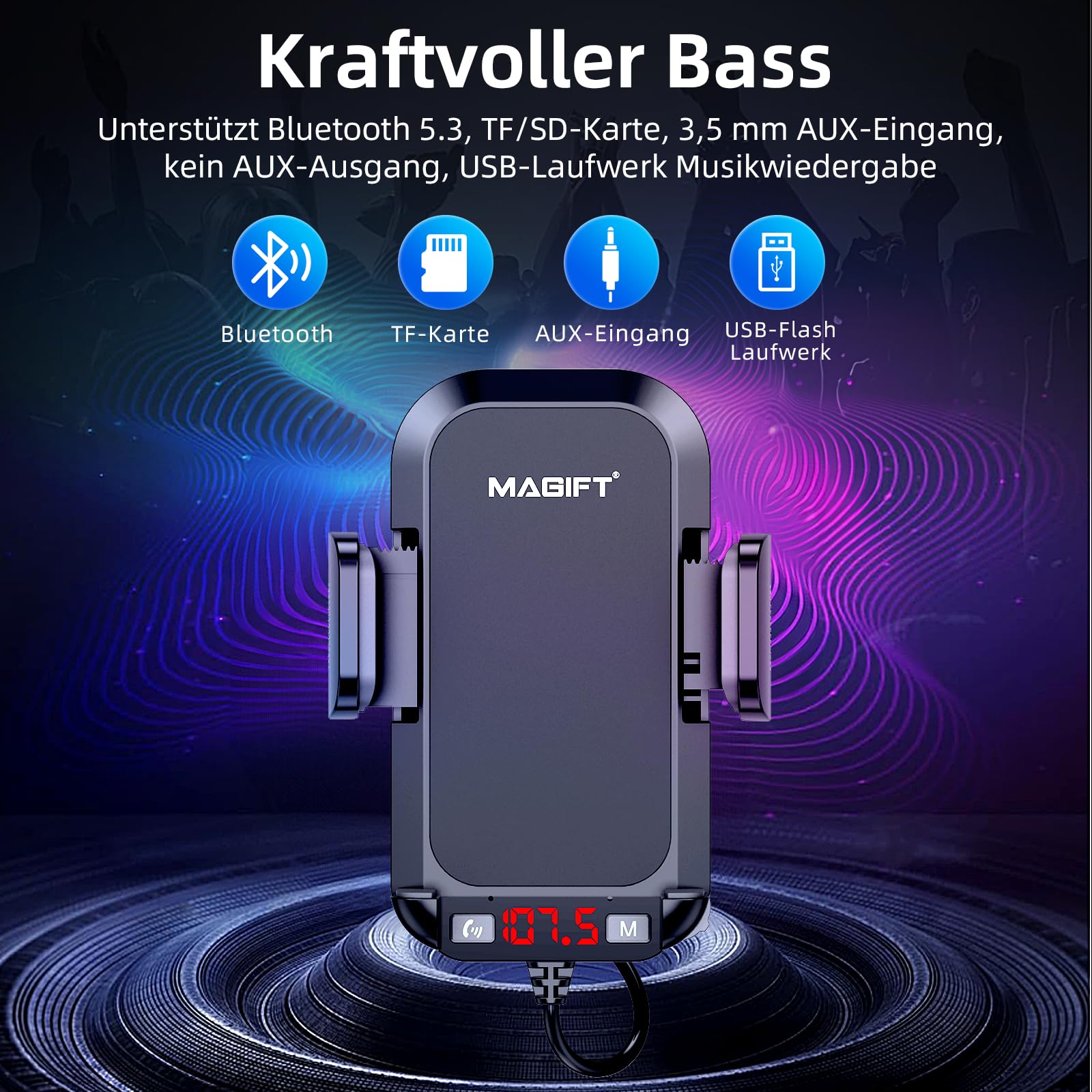Transmisor FM Bluetooth 5.3 para coche con soporte para teléfono 3 en 1, sonido HiFi Bass, manos libres, 30 W PD y QC 3.0, compatible con tarjeta TF/SD de 64 G AUX USB Flash Drive para iPhone Android