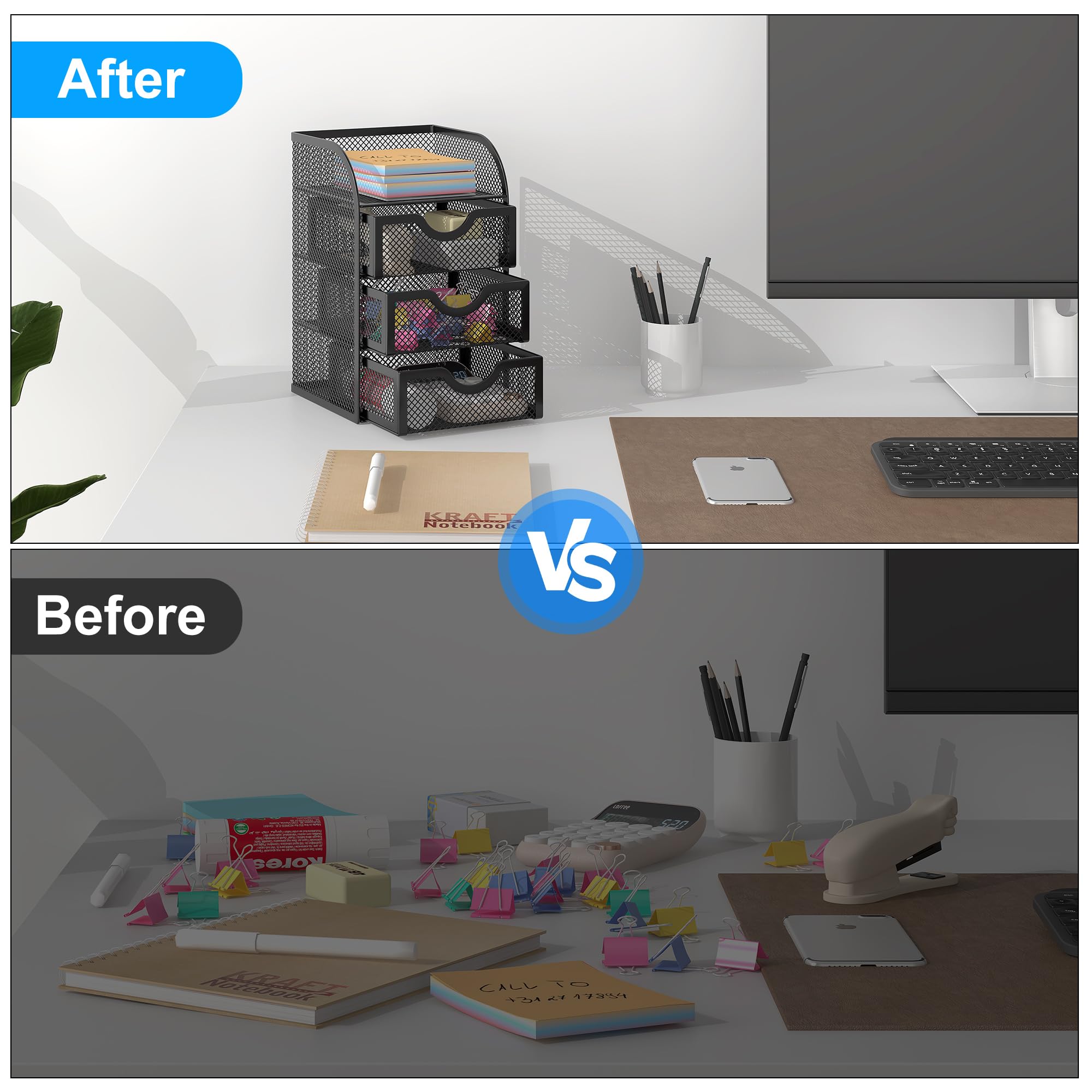 Easypag en maille filet Organiseur de bureau 3 tiroirs Mini Clapier Fournitures de bureau