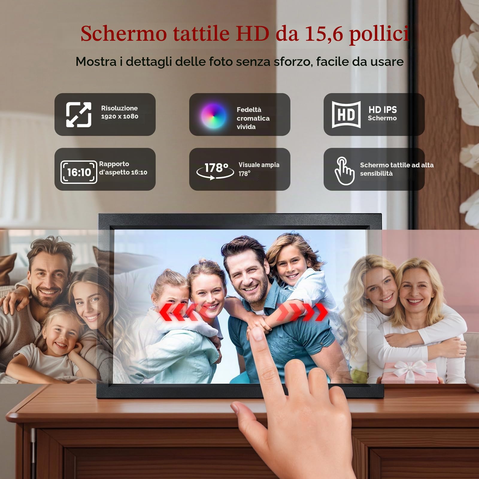 cornice Digitale WiFi 15,6 pollici, 64 GB, 1920 x 1080 FHD IPS Touchscreen, elettronica rotazione automatica, montabile a parete/tavolo