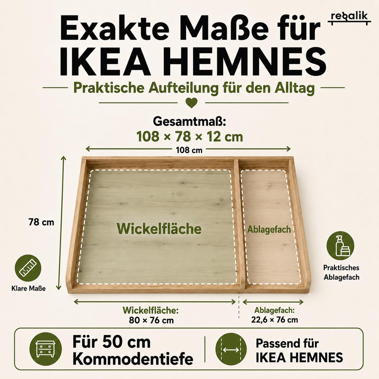 Nakładka z Przegrodą do Hemnes IKEA, Głęb. 50cm, Dąb | Nakładka z przegrodą, zdejmowana, zaokrąglony front, 108 x 78 cm, łatwy montaż, łatwa w czyszczeniu