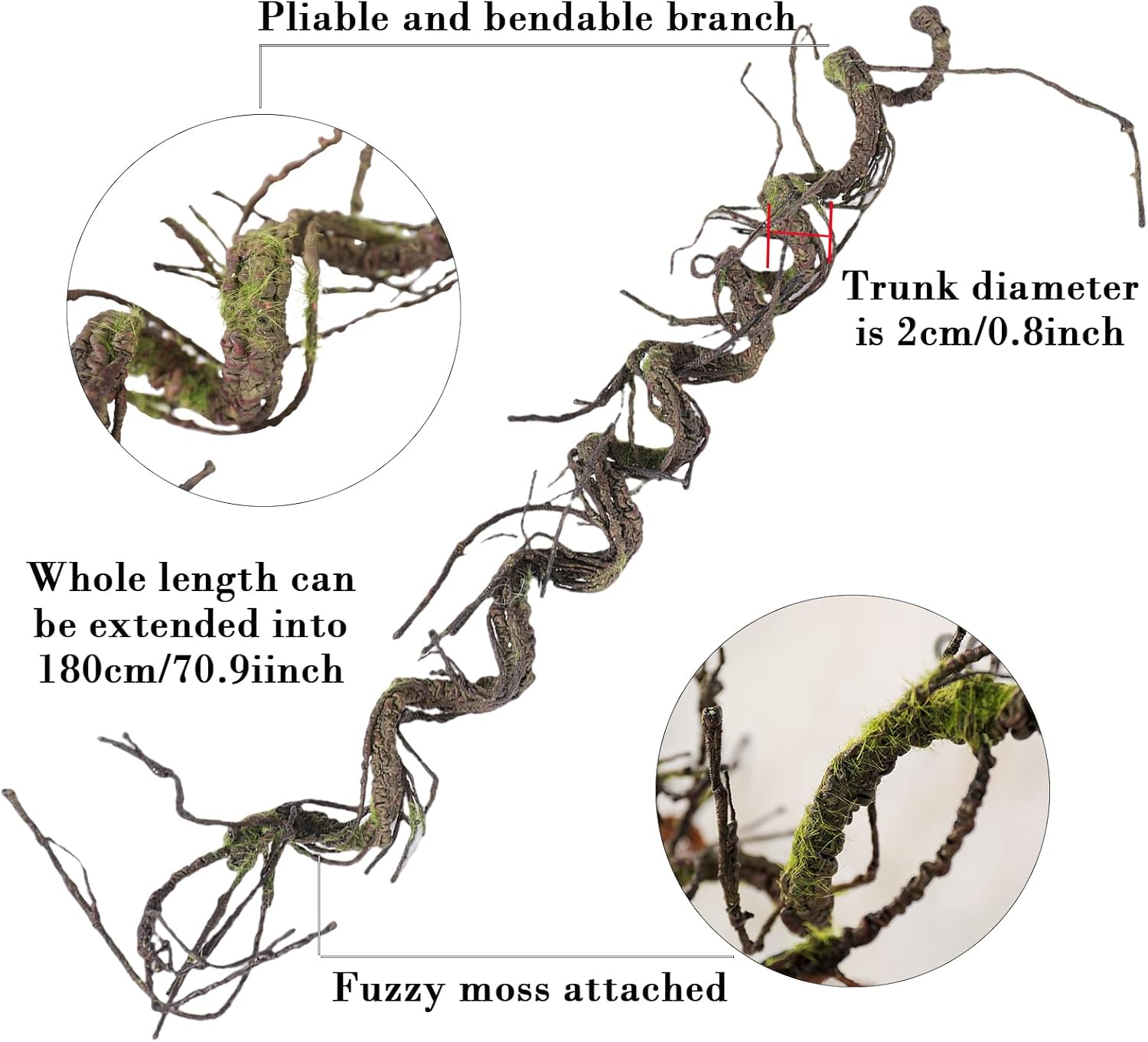 1Pcs 71inch Bendable Artificial Floral Grapevine Garland Fake Realistic Woody Tree Branches Plants Twigs Stems Trunk with Moss for Outdoor Mantel Wall Hanging Garden Halloween Jungle Room Decoration - Image 2