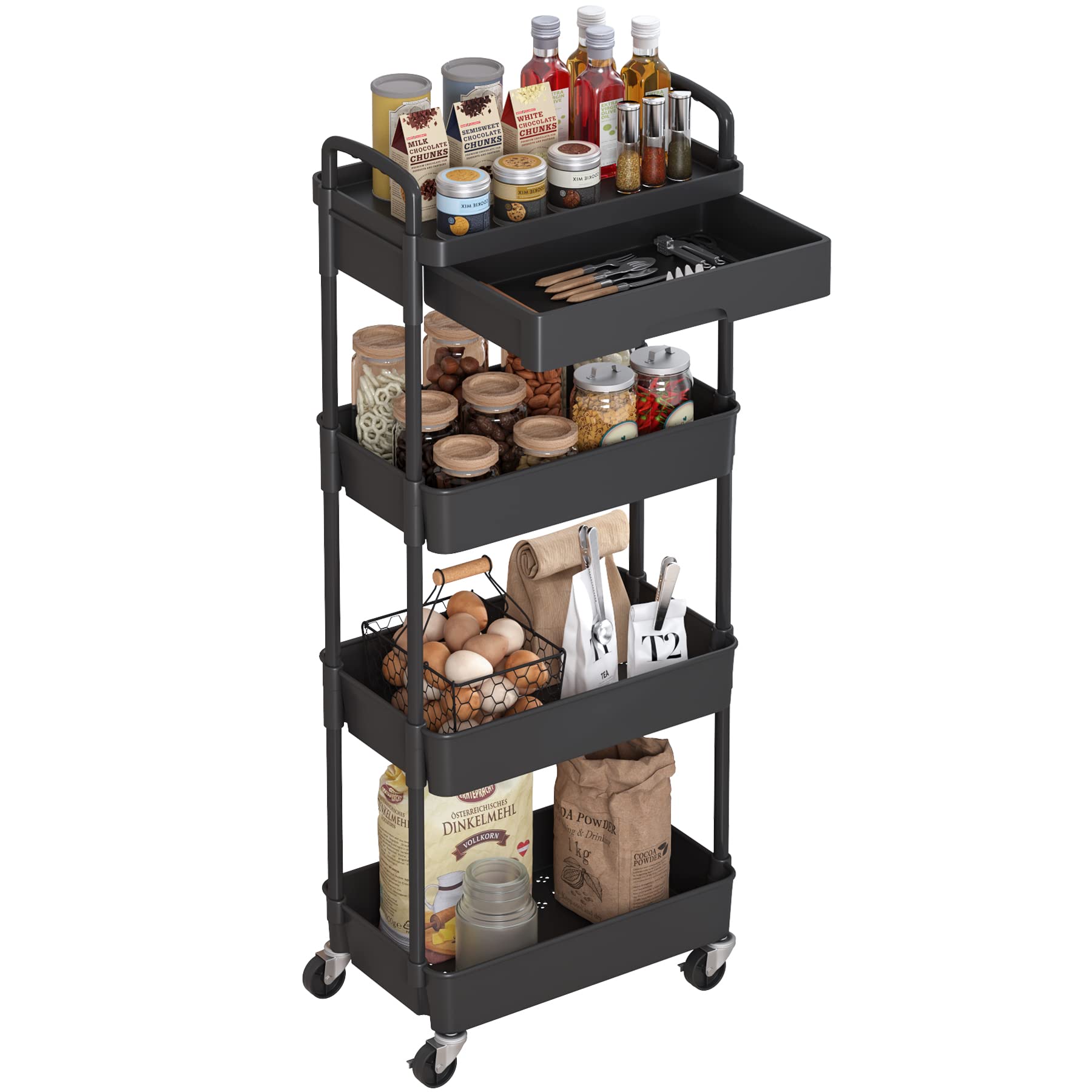 Dttwacoyh 4-Tier Rolling Cart??îTrolley with Drawer, Kitchen Storage Organizer with Plastic Shelf & Metal Wheels, Storage Cart for Living Room, Kitchen, Office, Bathroom, Black
