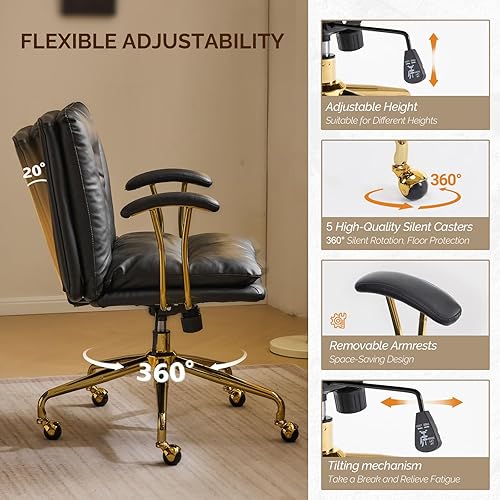 Miniatura 4 de VINGLI Silla de escritorio de oficina en casa, cómoda con ruedas y reposabrazos extraíbles, silla de tocador con base dorada con respaldo, silla