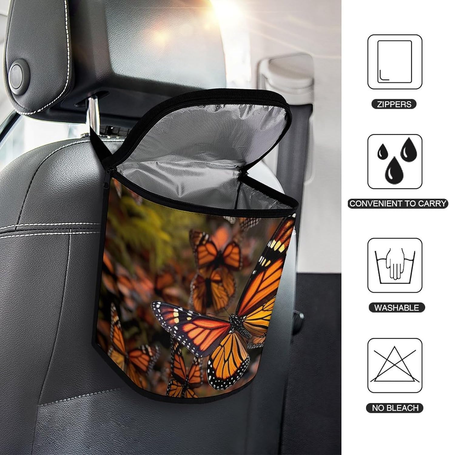 Hanging Car Trash Bag Monarch Butterflies Printed Car Garbage Storage Bag Leakproof Car Trash Can Portable Garbage Storage Bags