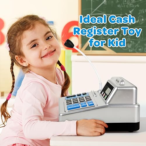 Miniatura 4 de Calculadora de caja registradora Caja registradora de juguete de 103 piezas, juego de tienda con micrófono, tarjeta de crédito y banco para niños,