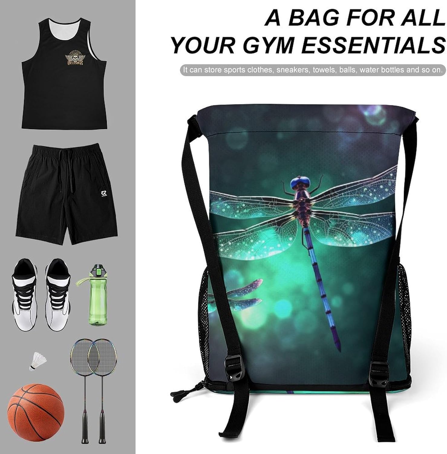 Small Gym Bag Galaxy Animal Dragonfly Printed Drawstring Gym Bag for Men Lightweight Waterproof Drawstring Backpack for Women with Shoe Compartment for Travel Tourism Work And Fitness