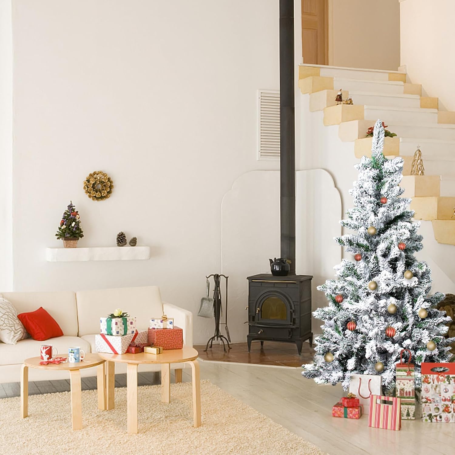 Árbol de Navidad Artificial Material PVC Soporte de Metal 150/180/210/240cm (Nevado, 150CM)