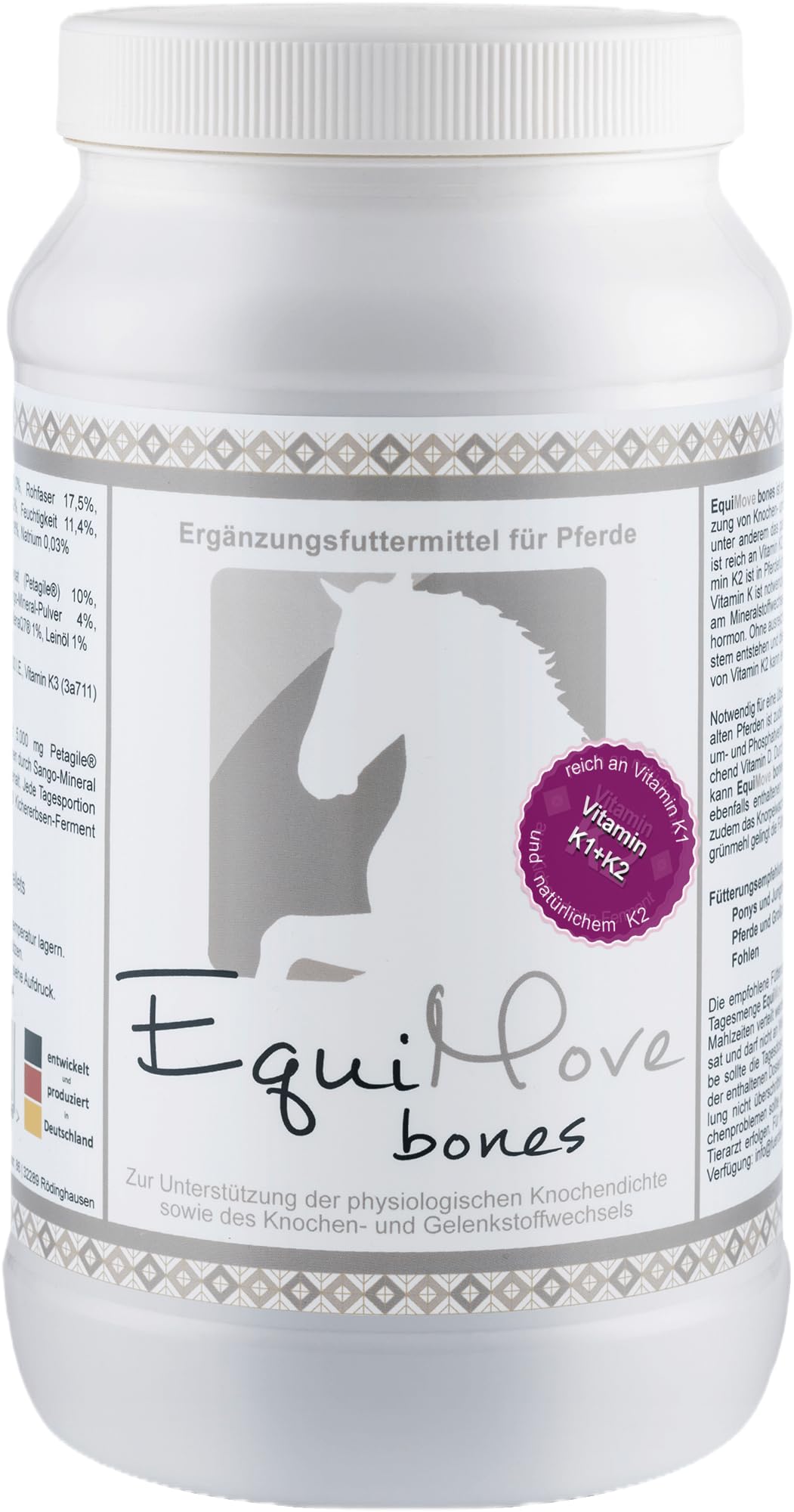 Bones (1,5 kg) | Vitamin K2 und D3, Kalzium und MSM | Premium Ergänzung für Pferde (1,5 KG) | für Knochen, Knorpel,65,ß Bindegewebe