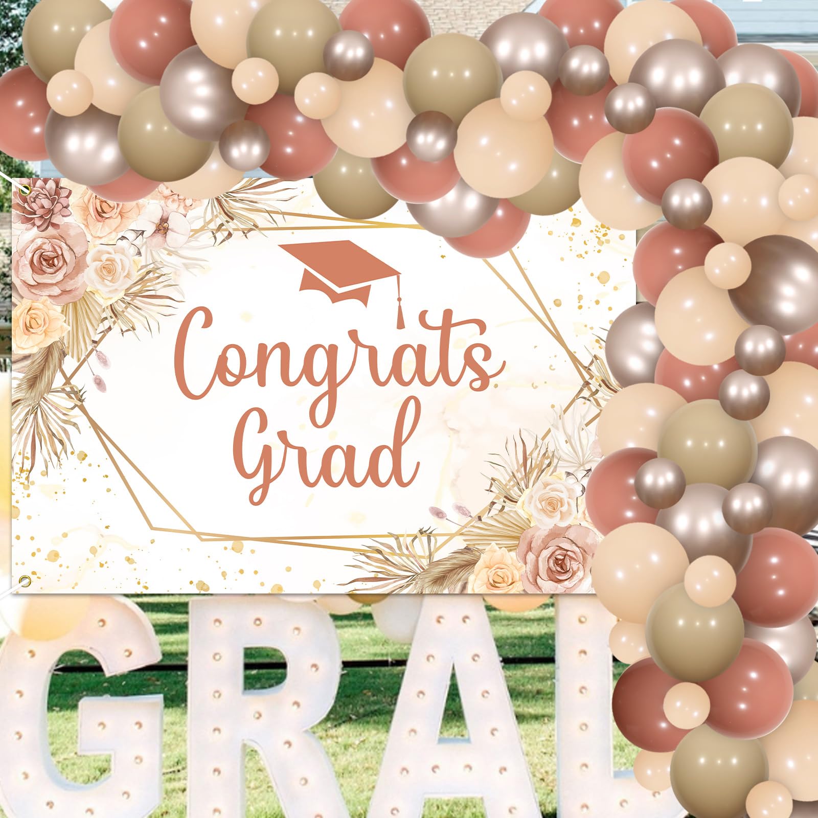 Wonmelody Boho Floral Graduation Decor Congrats Grad Backdrop Banner Flower Boho Balloon Arch Kit Class of 2026 Party Supplies for Phd Nurse College Senior High School Wildflower Graduation Party